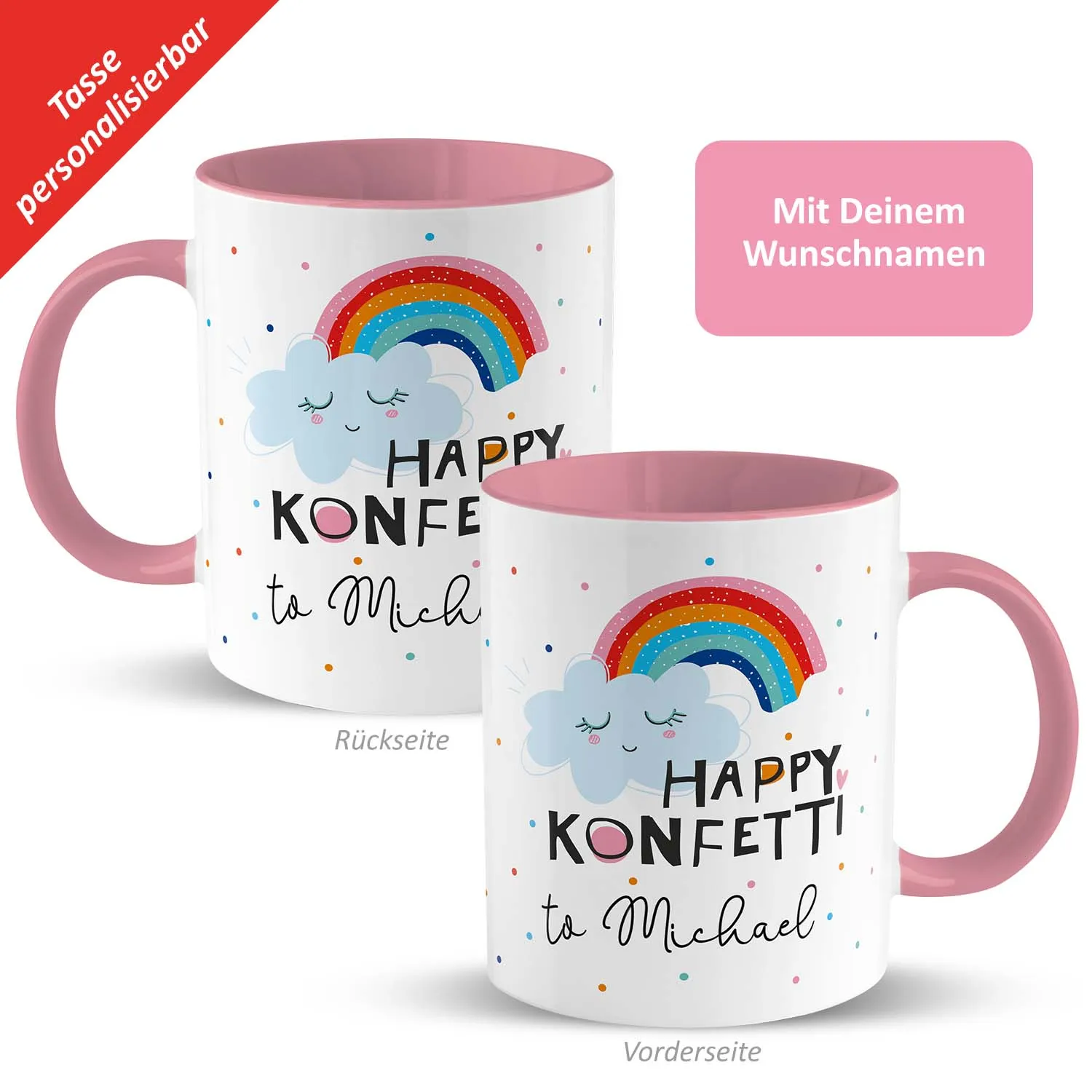 Personalisierte Porzellantasse mit Regenbogen, Wolke und rosa Griff – Namenswahl möglich.
