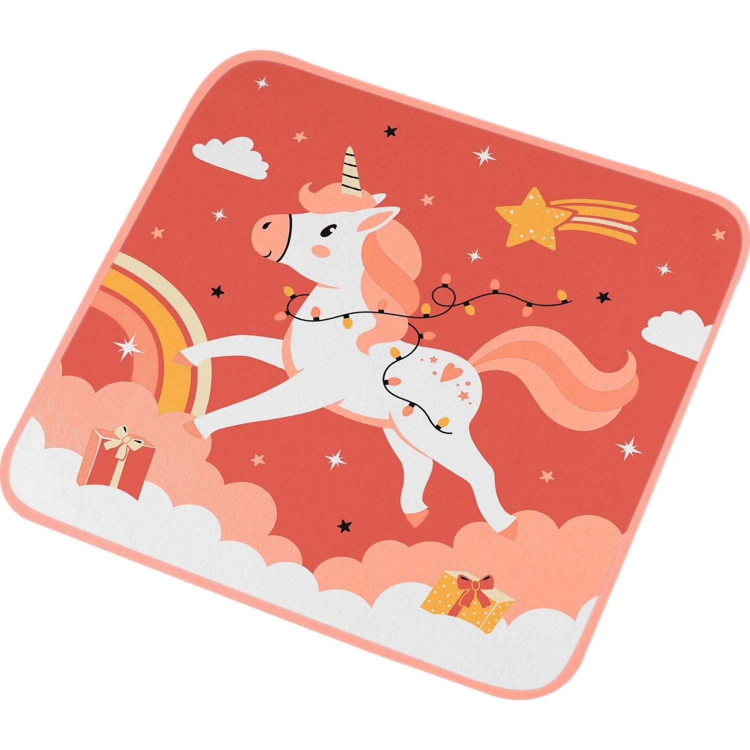 Rosa Unicorn-Handtuch aus Baumwolle mit Wolken und Sternen