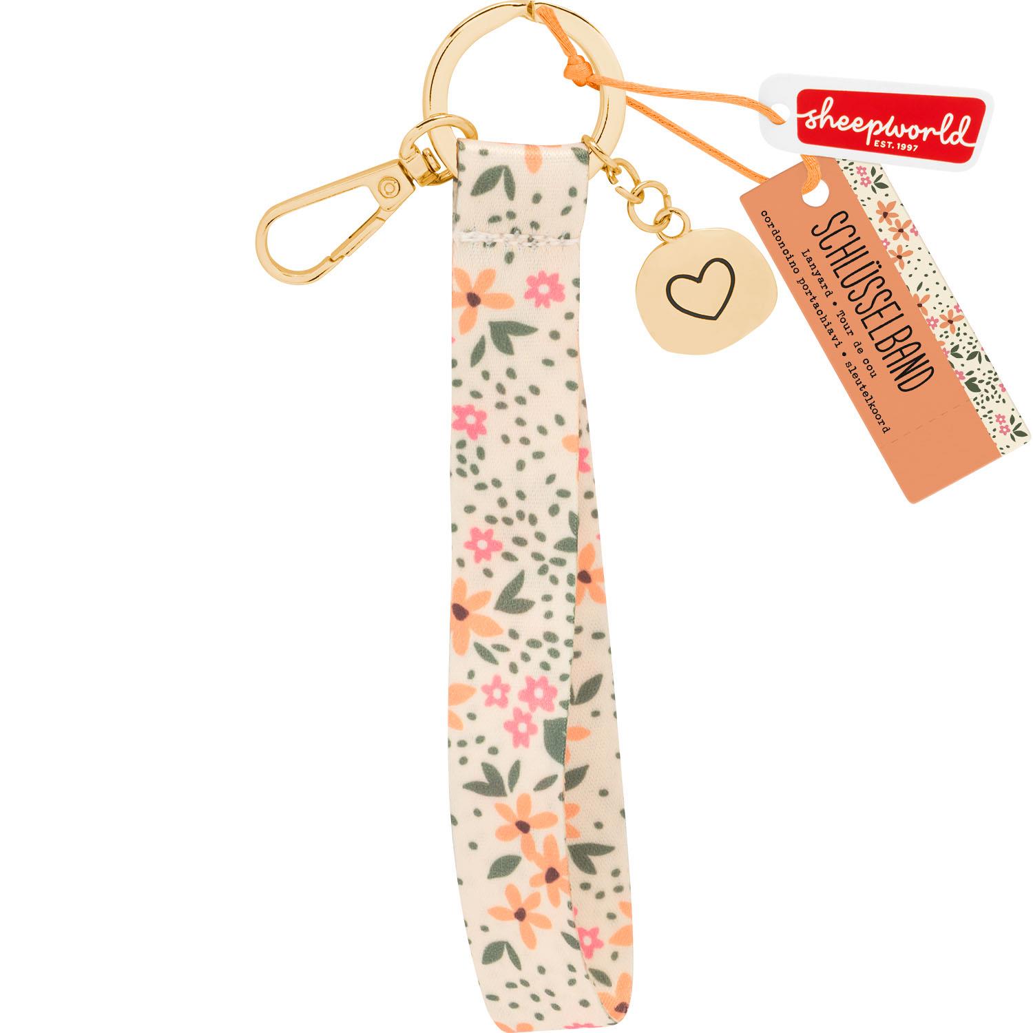 Schlüsselband mit Blumenmuster, goldener Karabiner und Herz-Charm