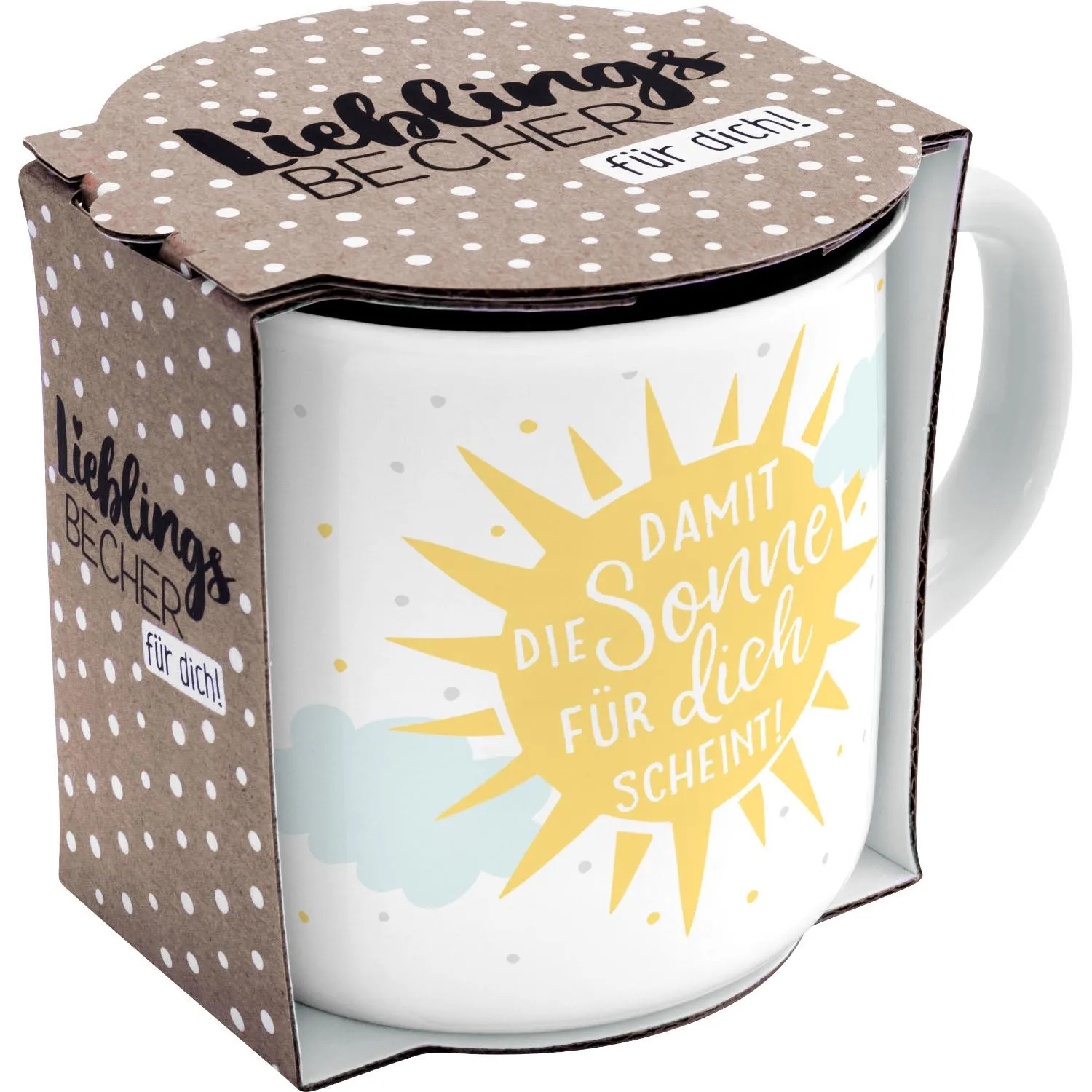 Weiße Keramik-Tasse mit gelber Sonnengrafik und dem Spruch 'Damit die Sonne für dich scheint!', Geschenkverpackung.