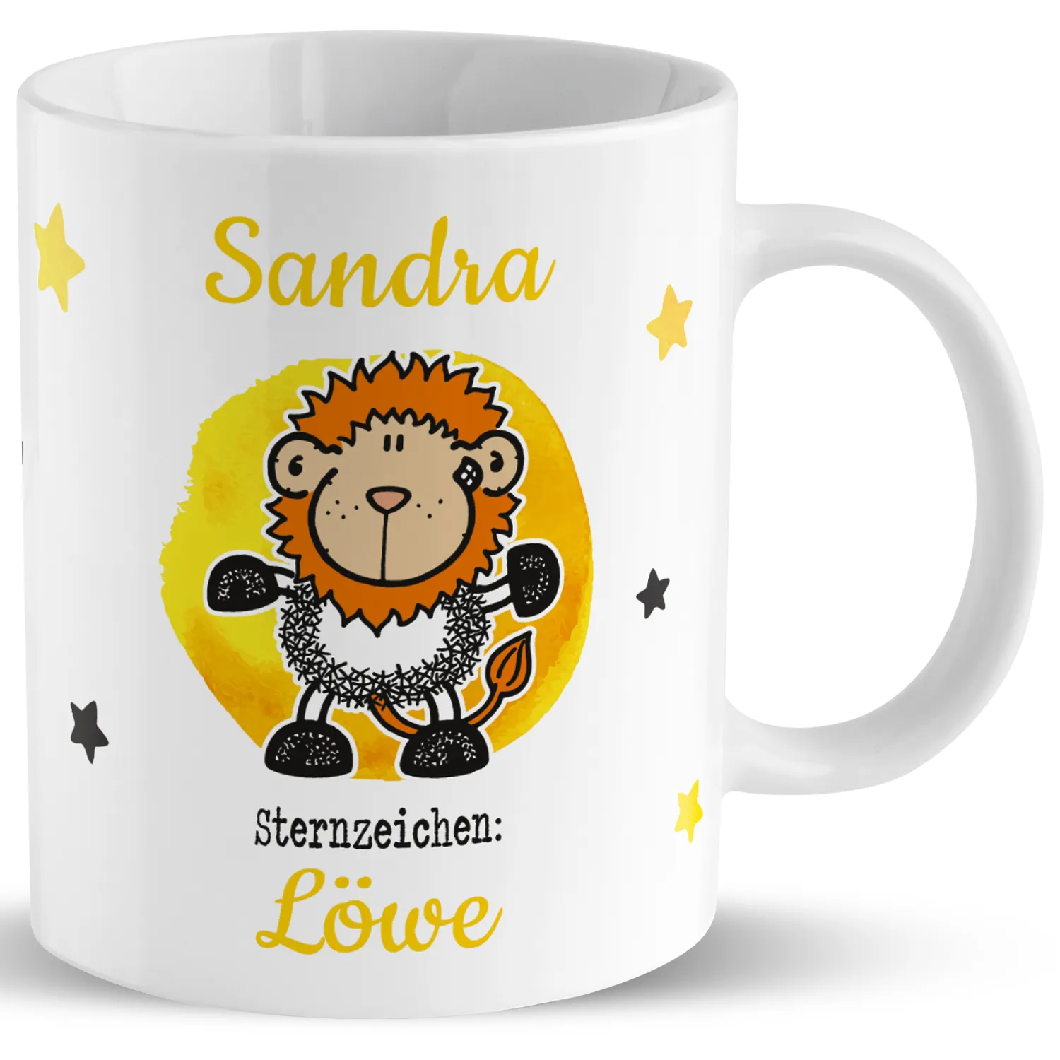 Weiße Porzellan-Tasse mit Löwen-Motiv und Name Sandra