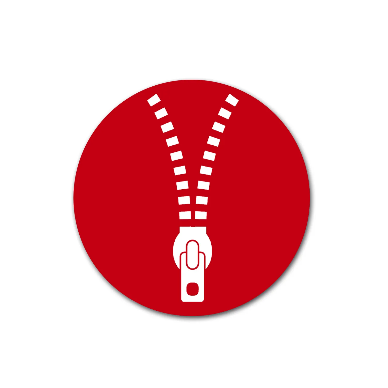 Rotes Kreis-Icon mit weißem Reißverschluss als grafisches Motiv.