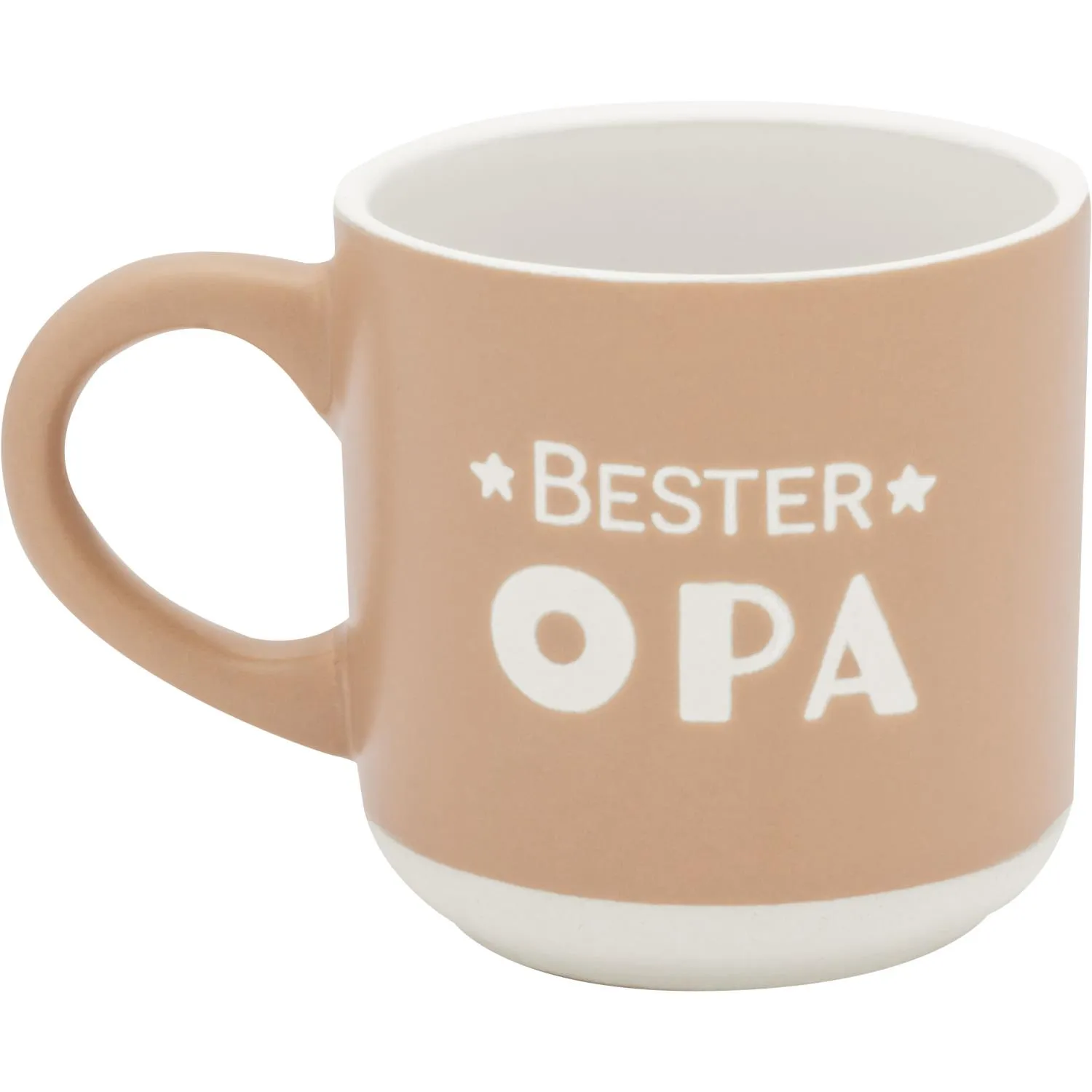 Beige Espressotasse mit 'BESTER OPA' Druck, weißem Innenraum und Geschenkband.