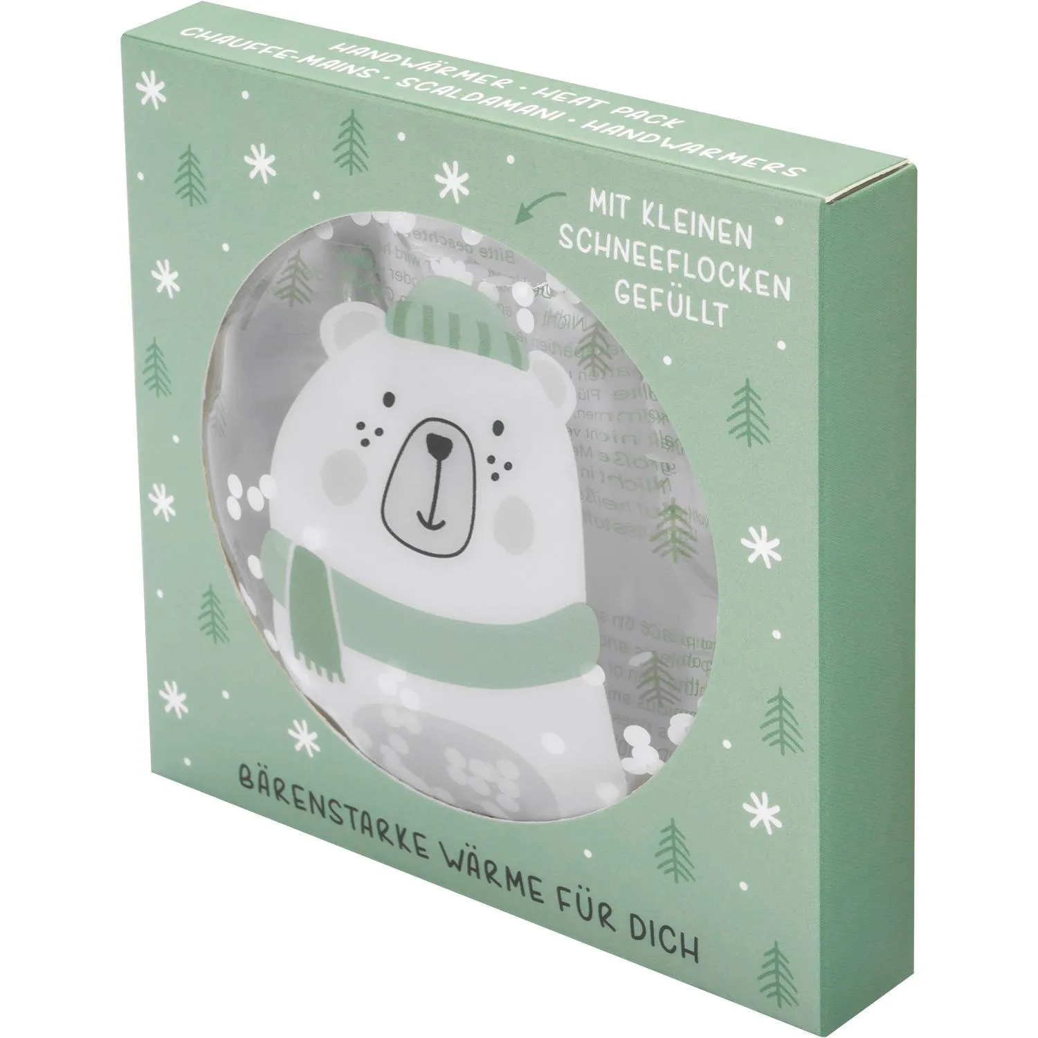 Handwärmer »Eisbär« in Geschenkbox, 9 cm Durchmesser, Pastellgrün.