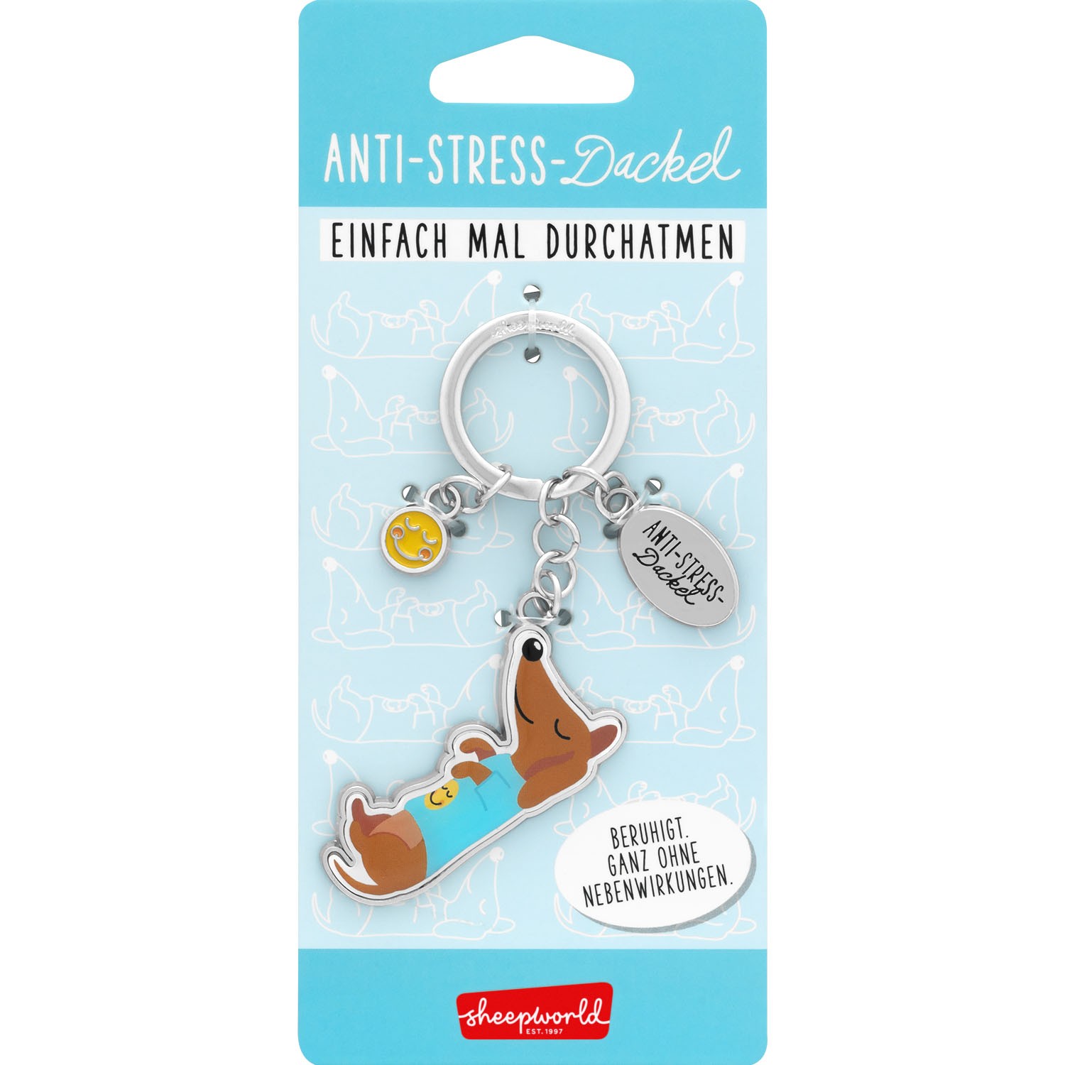 Anti-Stress-Dackel Schlüsselanhänger mit Charms auf hellblauer Verpackung