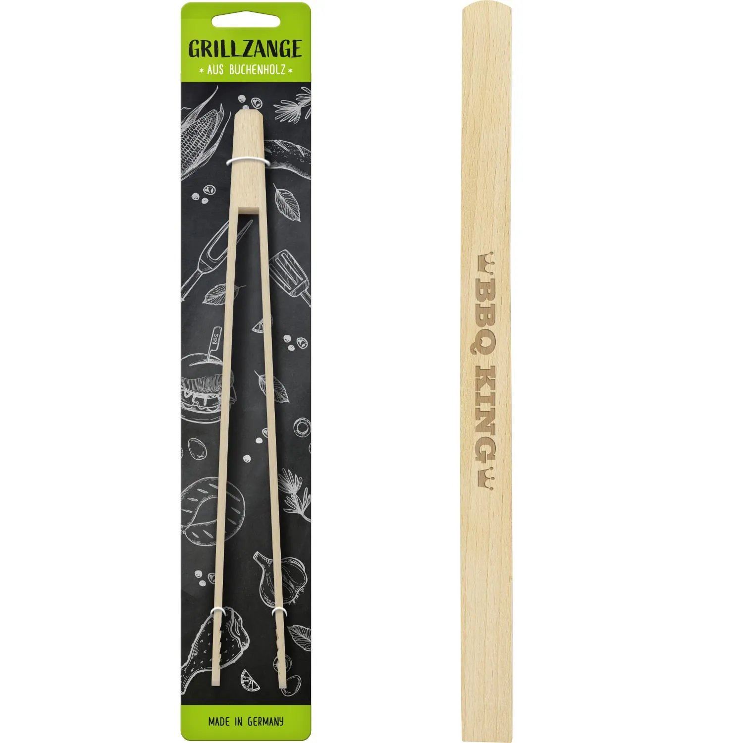 Grillzange aus Buchenholz mit BBQ King-Motiv, Made in Germany