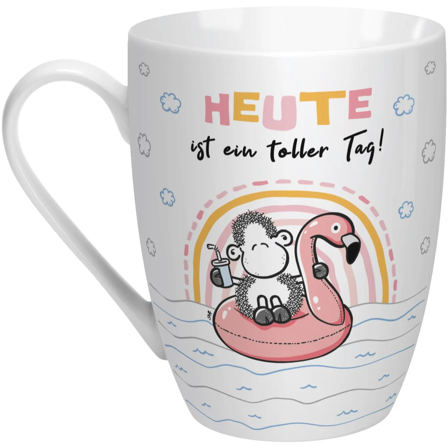Weiße Porzellan-Tasse mit Affe auf Flamingo und pastellfarbenem Regenbogen; Spruch 'Heute ist ein toller Tag!'