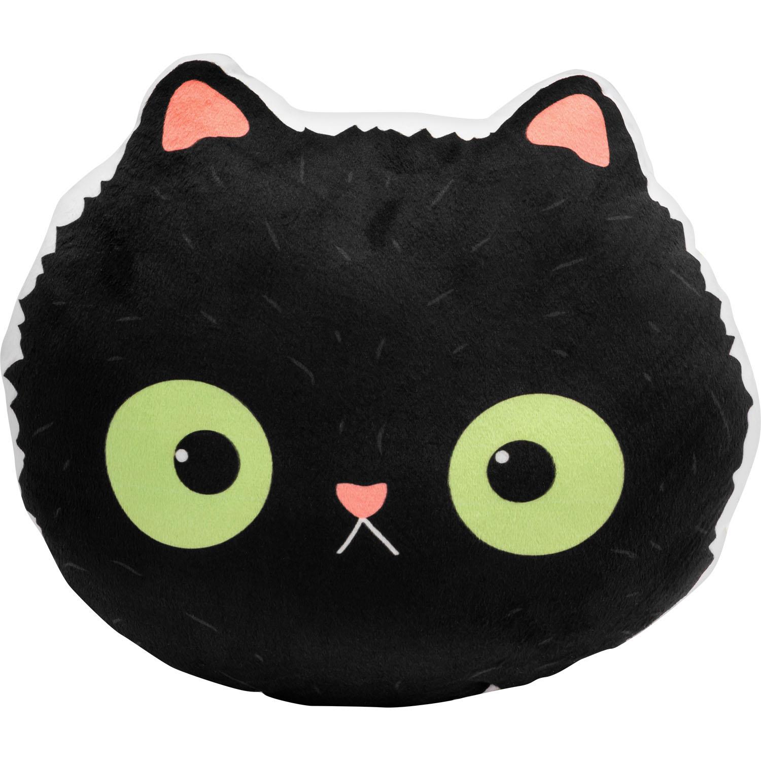 Schwarzes Katzen-Plüschkissen mit großen grünen Augen.