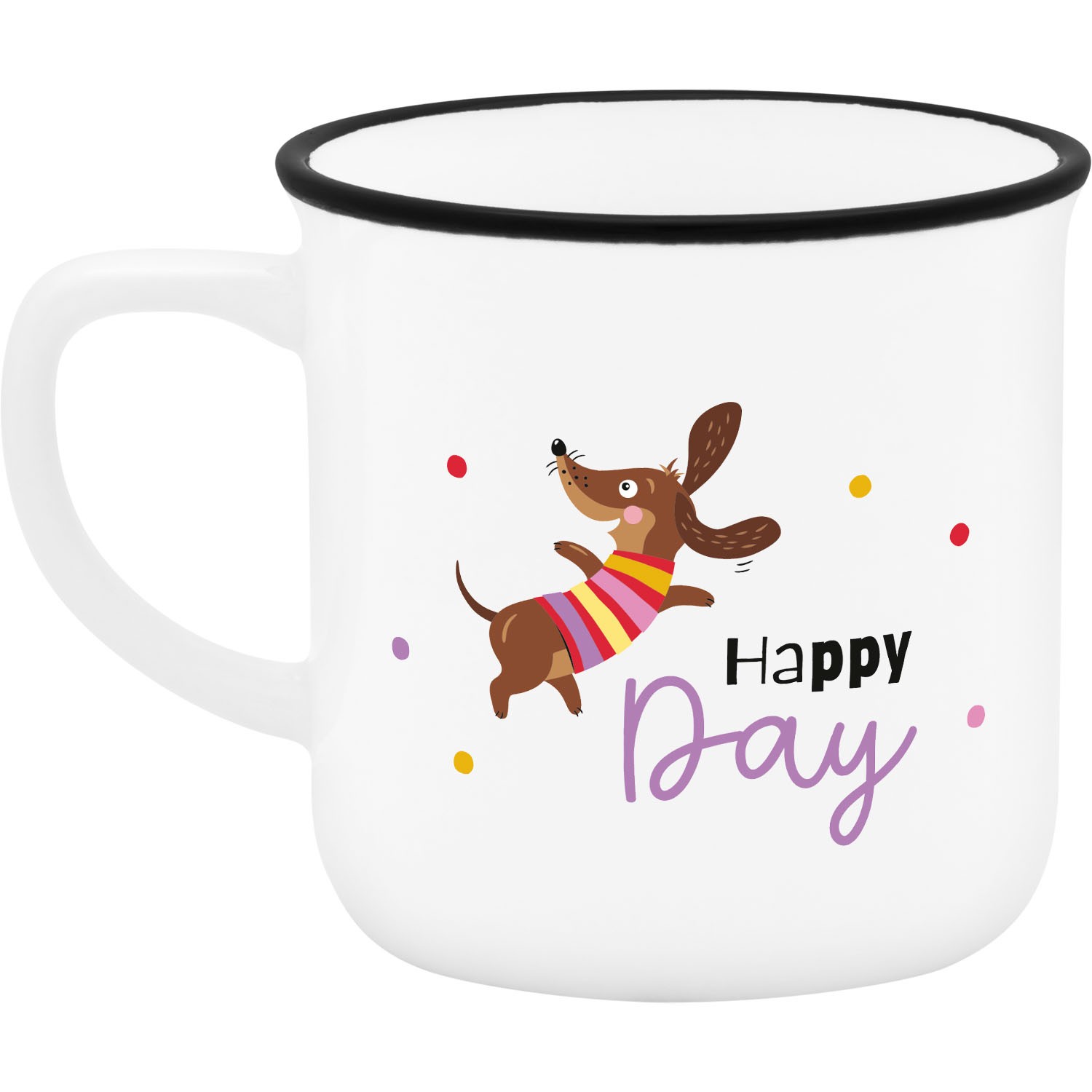 Weiße Porzellan-Tasse mit Dackel-Motiv, buntem Schal und 'Happy Day'-Schrift