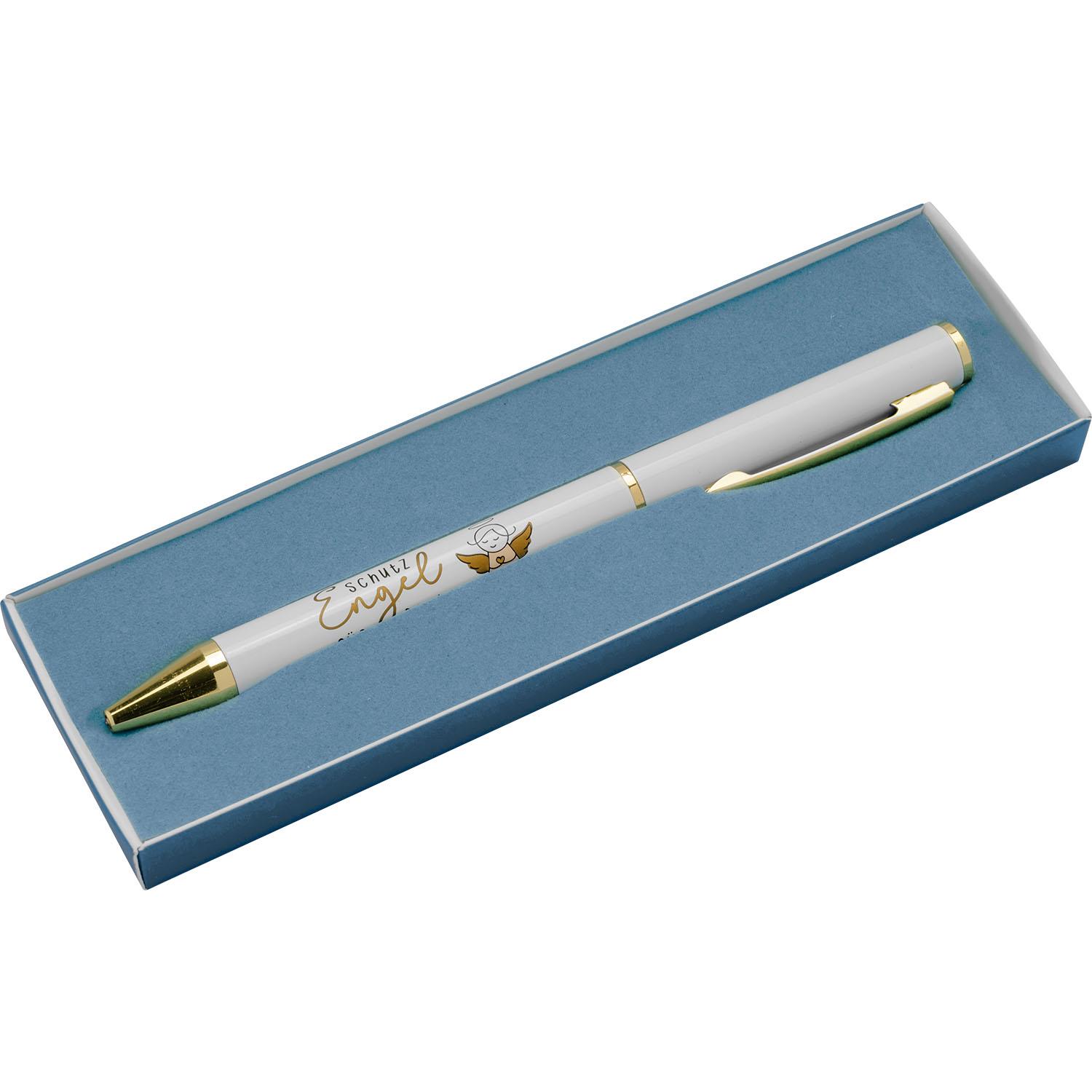 Weißer Kugelschreiber mit Engel-Motiv und goldenen Akzenten in blauer Verpackung.