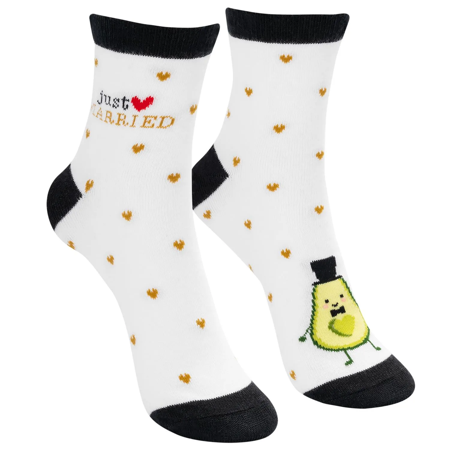 Weiße Socken mit schwarzen Details, gelben Punkten, Birne mit Top-Hut und Just Married Schriftzug