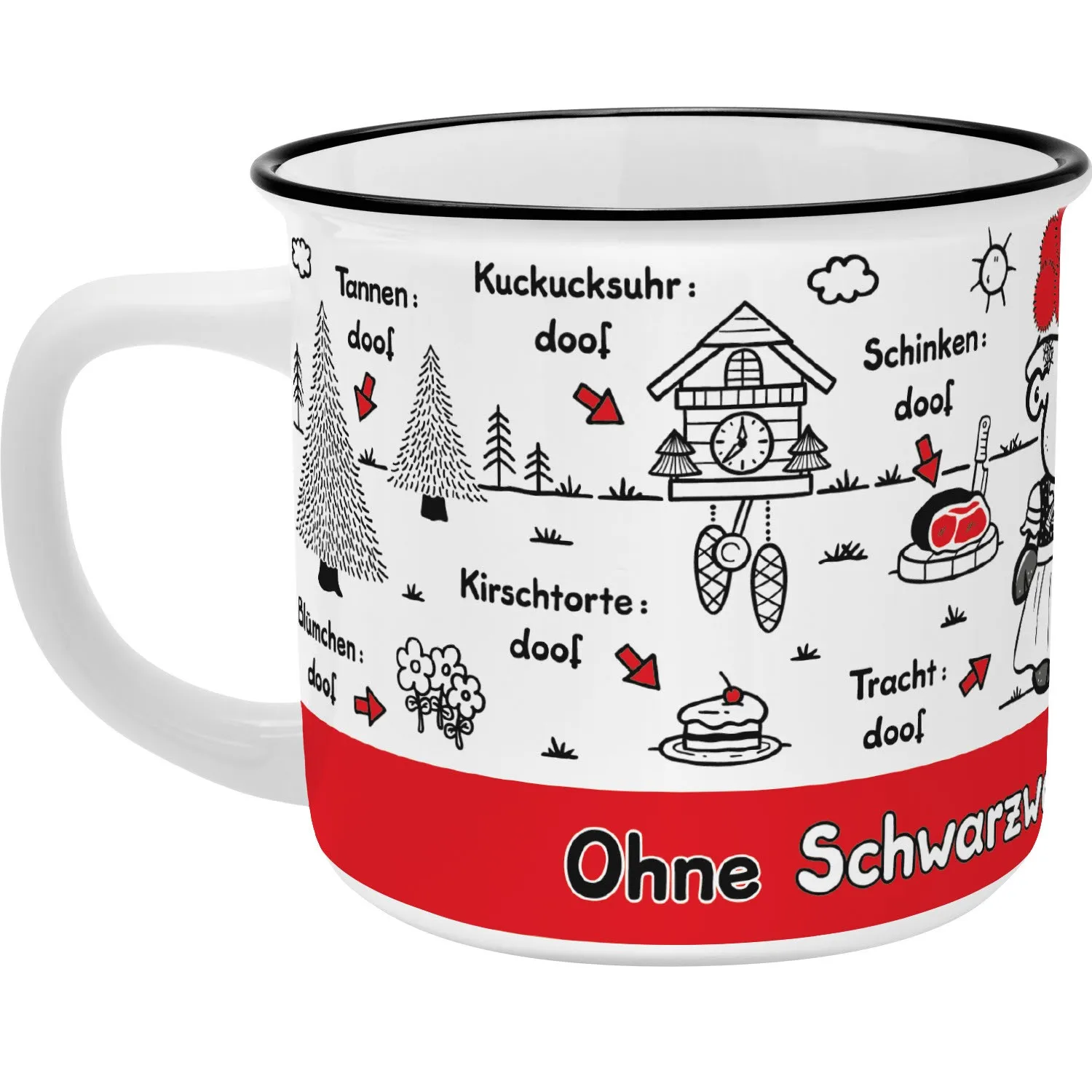 Weiße Porzellantasse mit Schwarzwald-Szene und rotem Band am unteren Rand