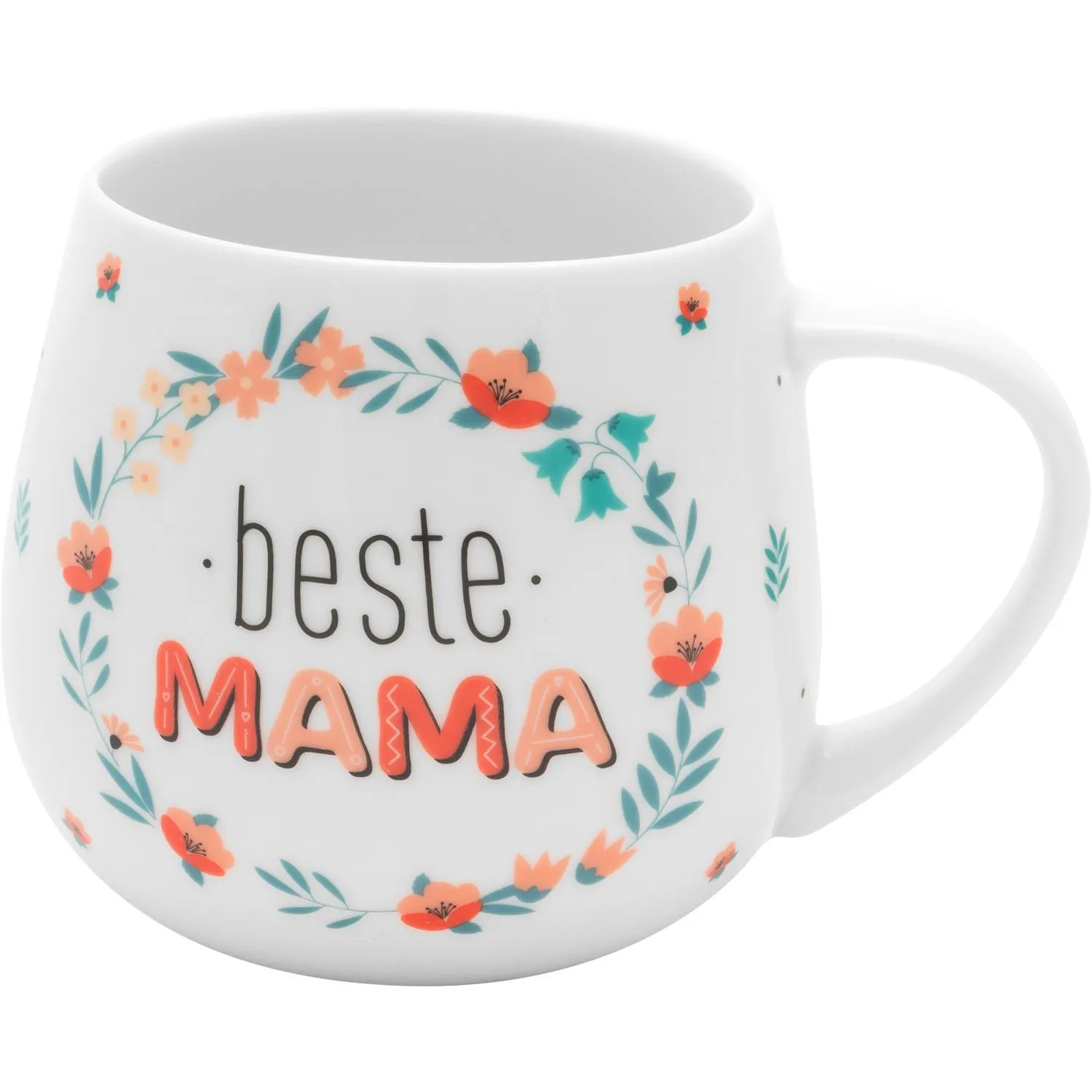 Weiße Porzellan-Tasse mit floralem Kranz und 'Beste Mama'-Schriftzug.