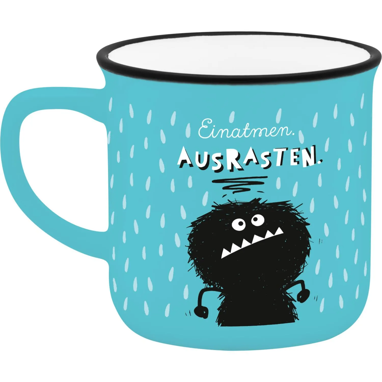 Türkiser Espressobecher mit Monster-Motiv und Regen-Muster