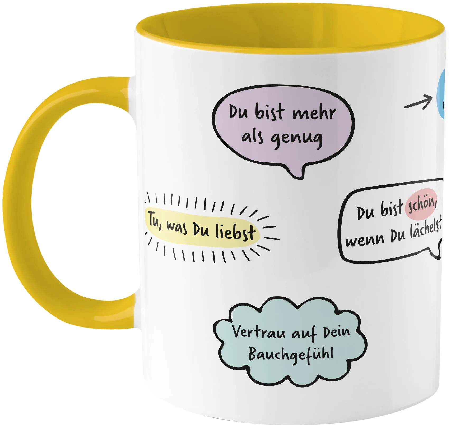 Weiße Porzellan-Tasse mit gelber Innen- und Grifffarbe, buntes Sprechblasen-Design mit motivierenden Sprüchen.