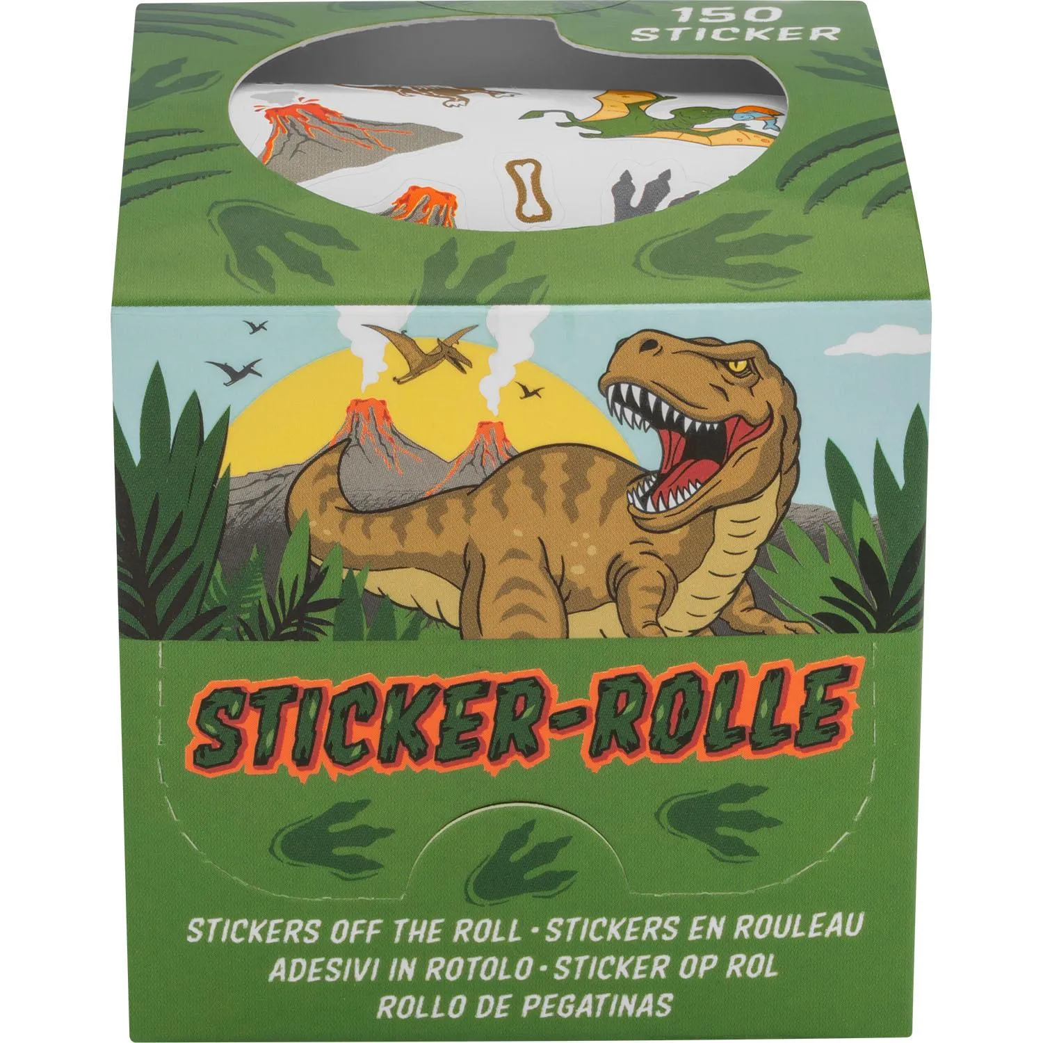 Grüne Geschenkbox mit Dino-Stickerrolle, 150 Sticker auf 80 cm Rolle, Papier und Transferfolie.