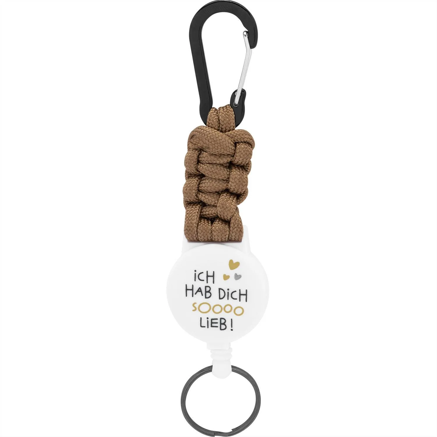 Braun geflochtener Schlüsselanhänger mit weißer Rundplakette ICH HAB DICH SOOO LIEB! und Karabiner.
