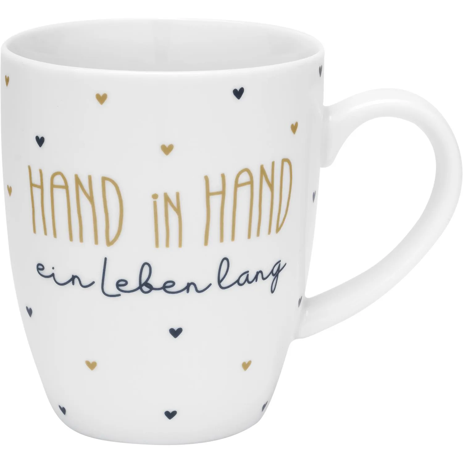 Weiße Porzellan-Tasse mit goldenem HAND IN HAND Schriftzug und blauem Schriftzug 'ein leben lang' sowie Herzmotiven