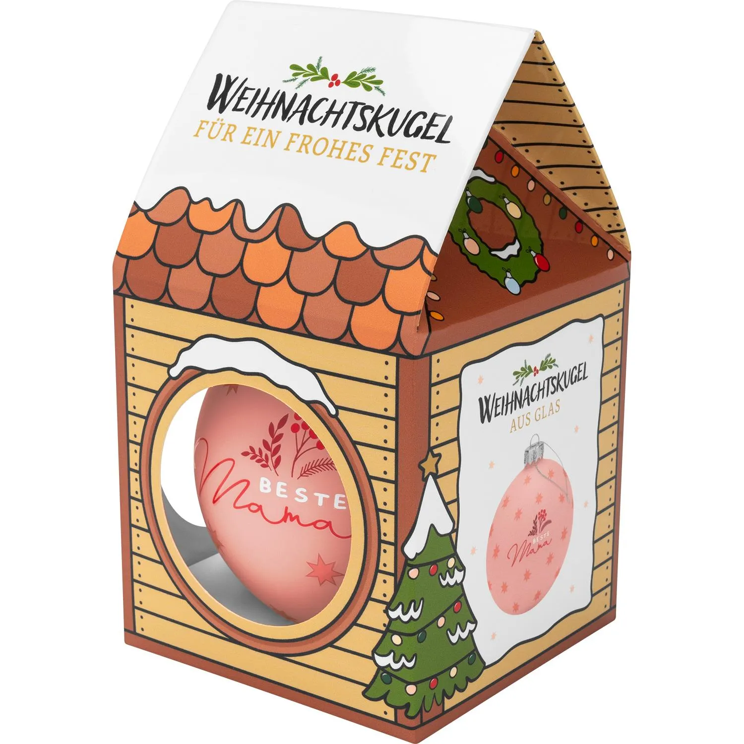 Weihnachtskugel-Set aus Glas in Haus-Geschenkverpackung, drei Kugeln sichtbar, eine mit Schriftzug 'Beste Mama'.