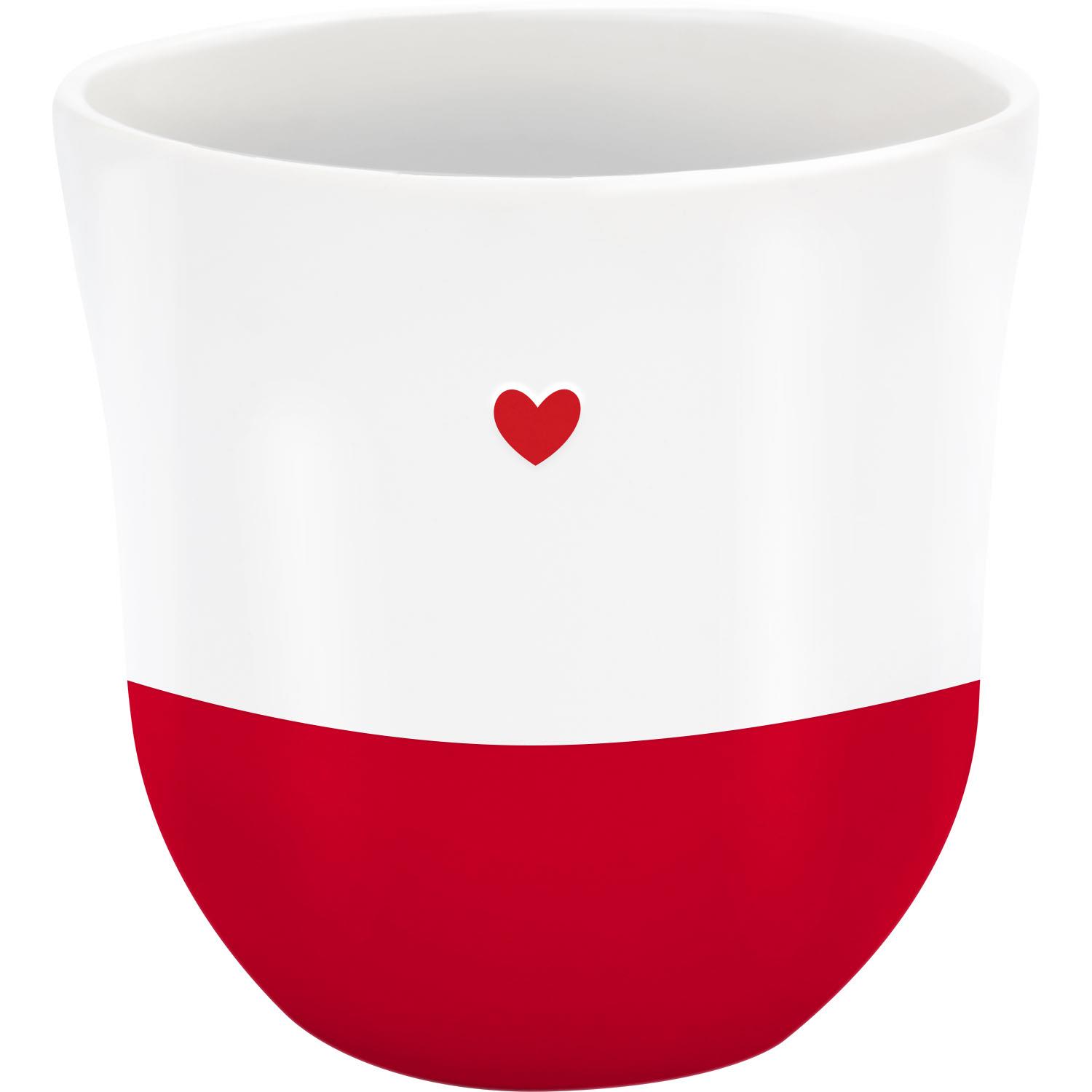 Weiße Steinzeug-Tasse mit rotem unteren Bereich und kleinem Herz