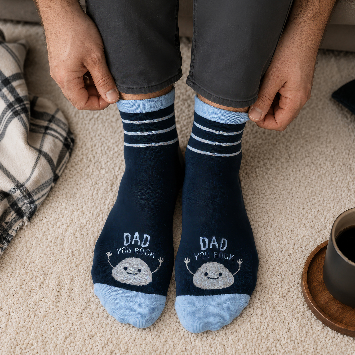 Dunkelblaue Socken mit hellblauem Rand und dem Spruch 'DAD YOU ROCK' in Weiß