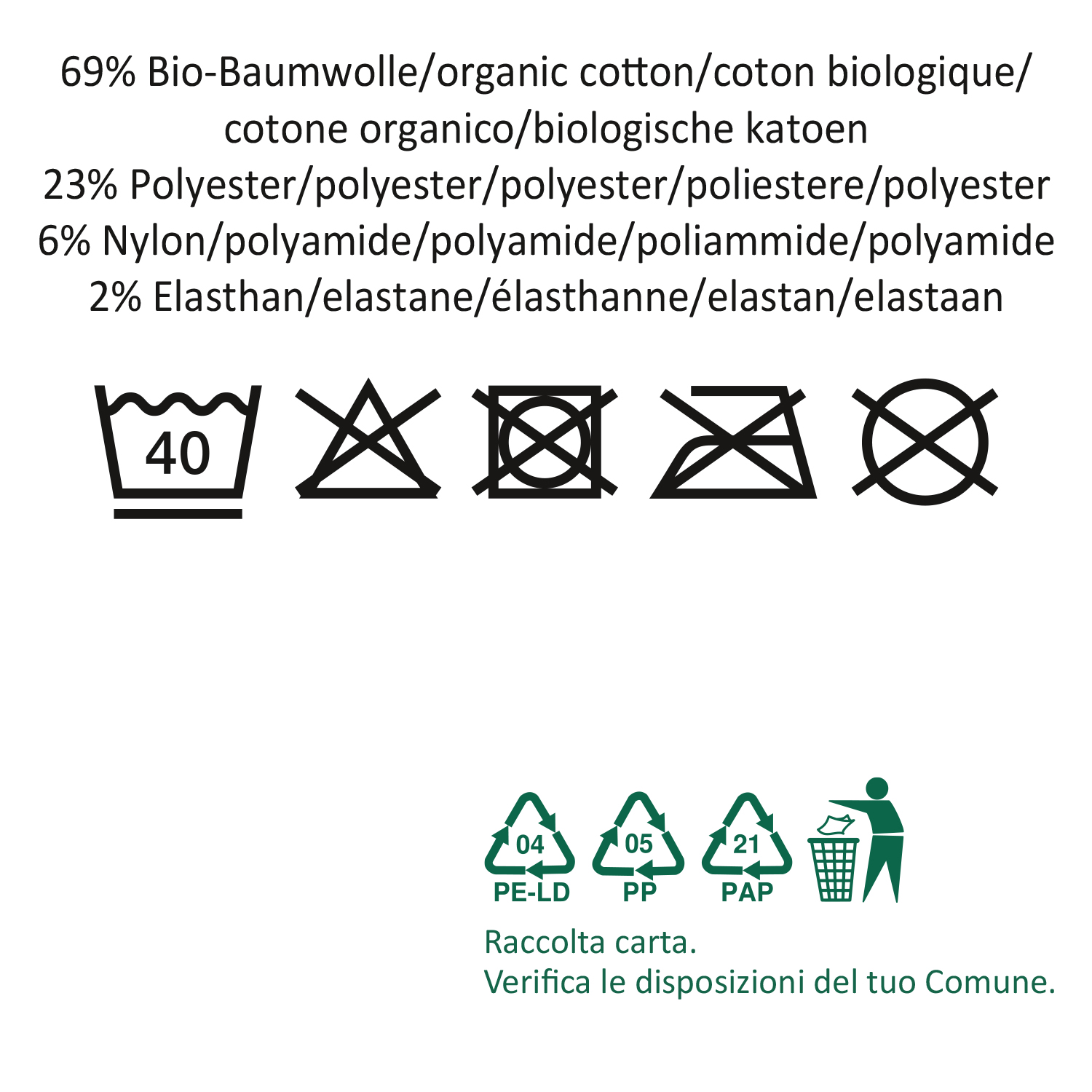 Weiße Verpackung mit Pflegehinweis-Symbolen und grünen Recycling-Icons.