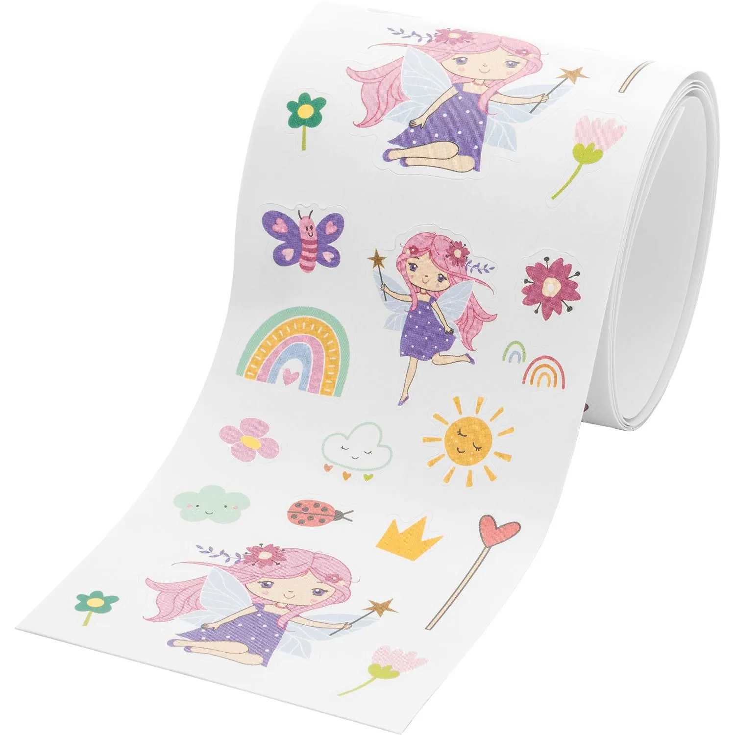 Stickerrolle mit pastelfarbigen Feen-, Regenbogen- und Blumentstickern auf weißem Untergrund