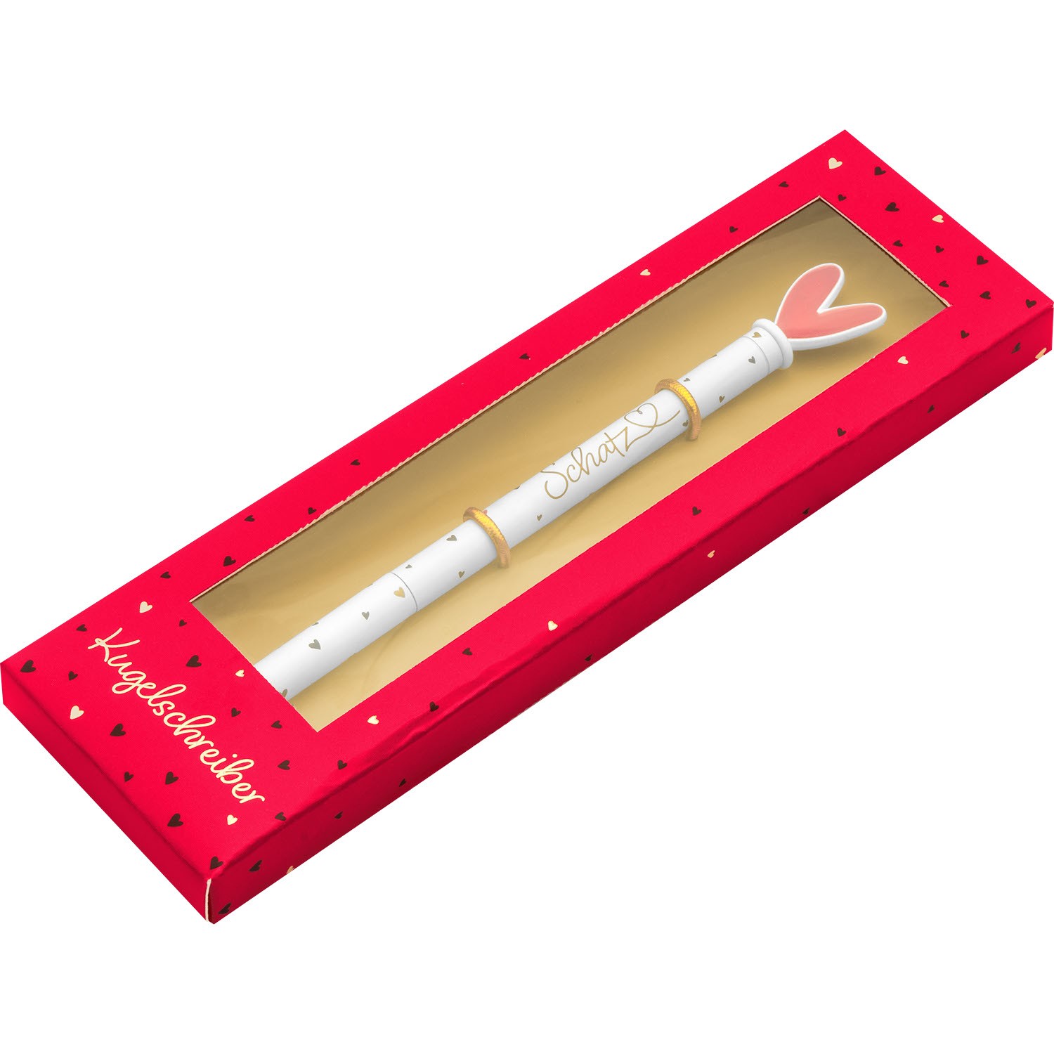 Weißer Kugelschreiber »Schatz« in roter Valentinstags-Geschenkbox mit Herzmotiven
