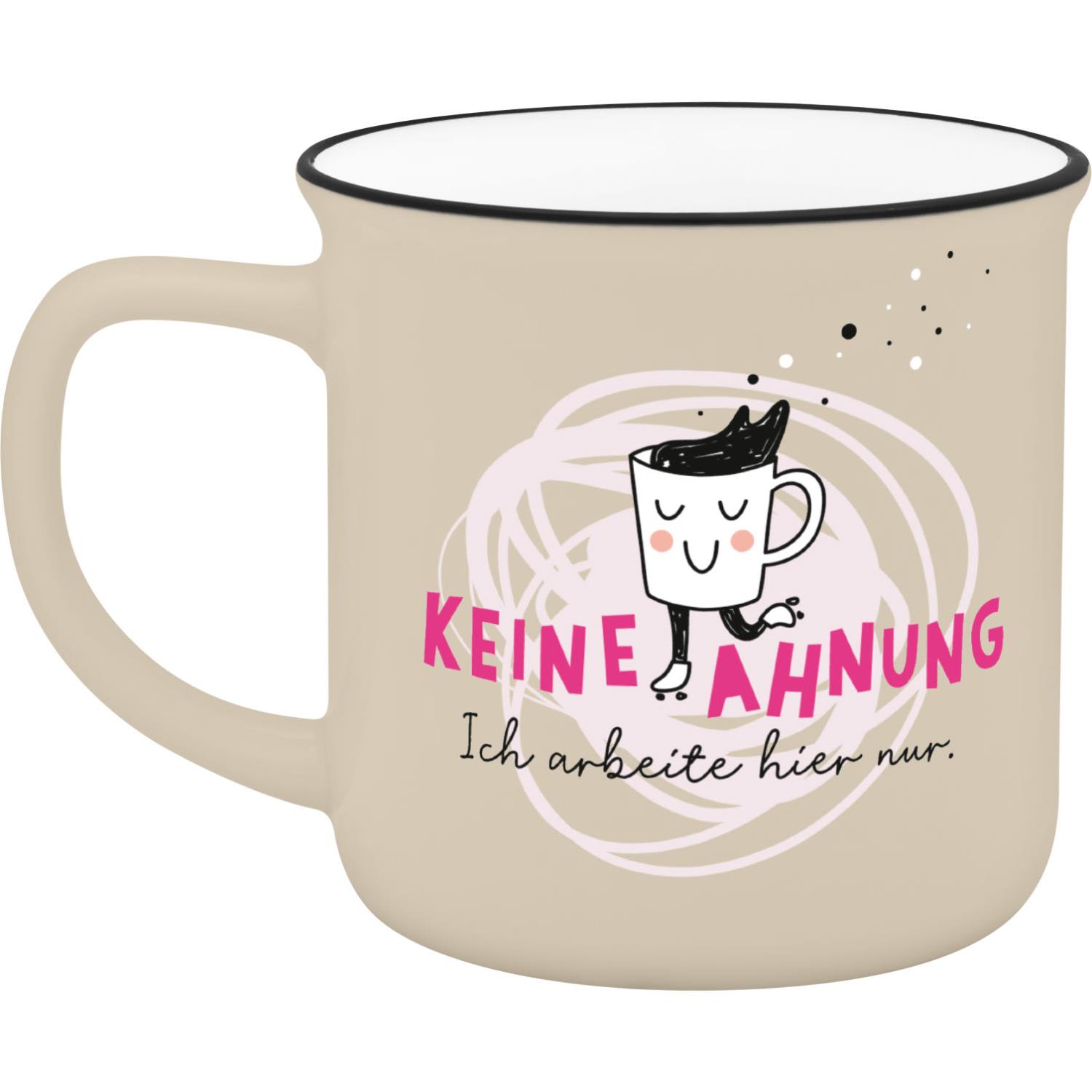 Becher mit Cartoon-Figur und Spruch 'Keine Ahnung' – humorvoller Alltagsbegleiter.