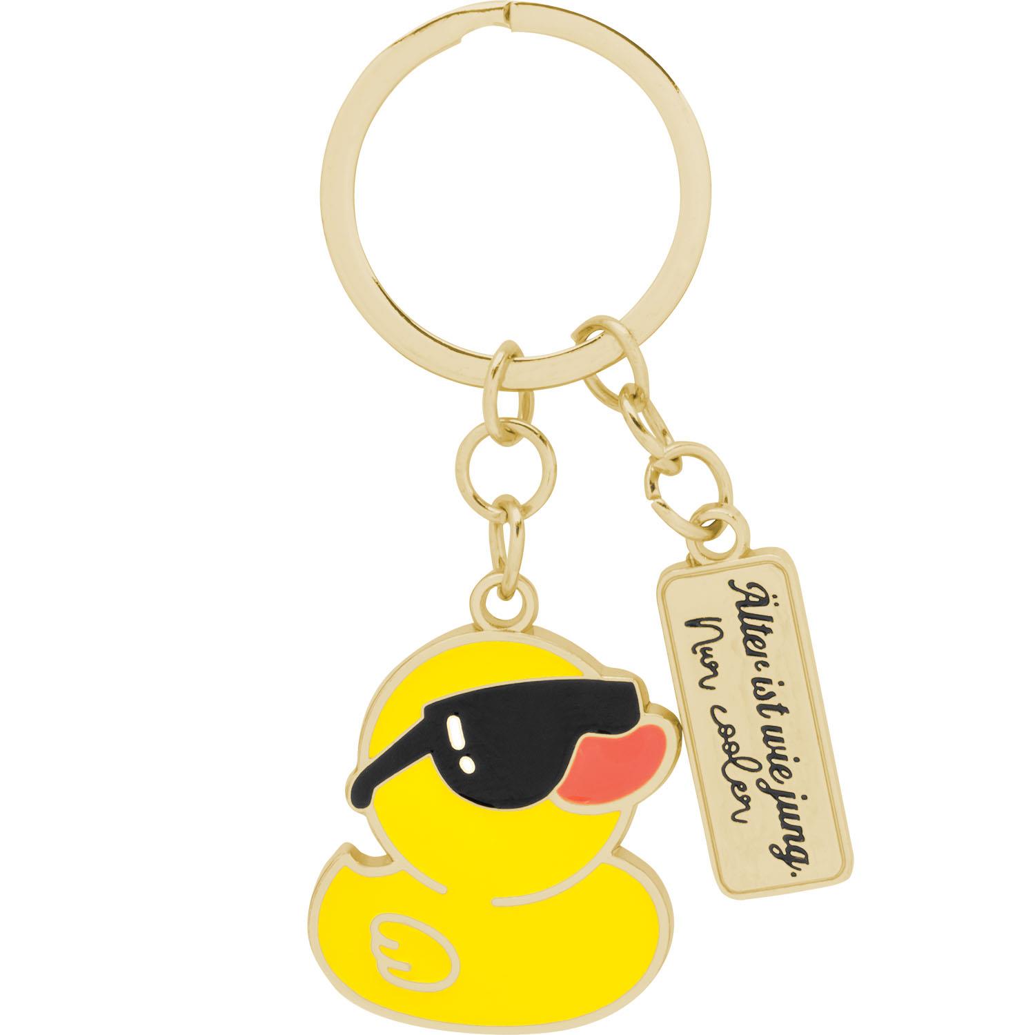Gelber Ente-Schlüsselanhänger mit Sonnenbrille, goldener Kette und Text-Charm