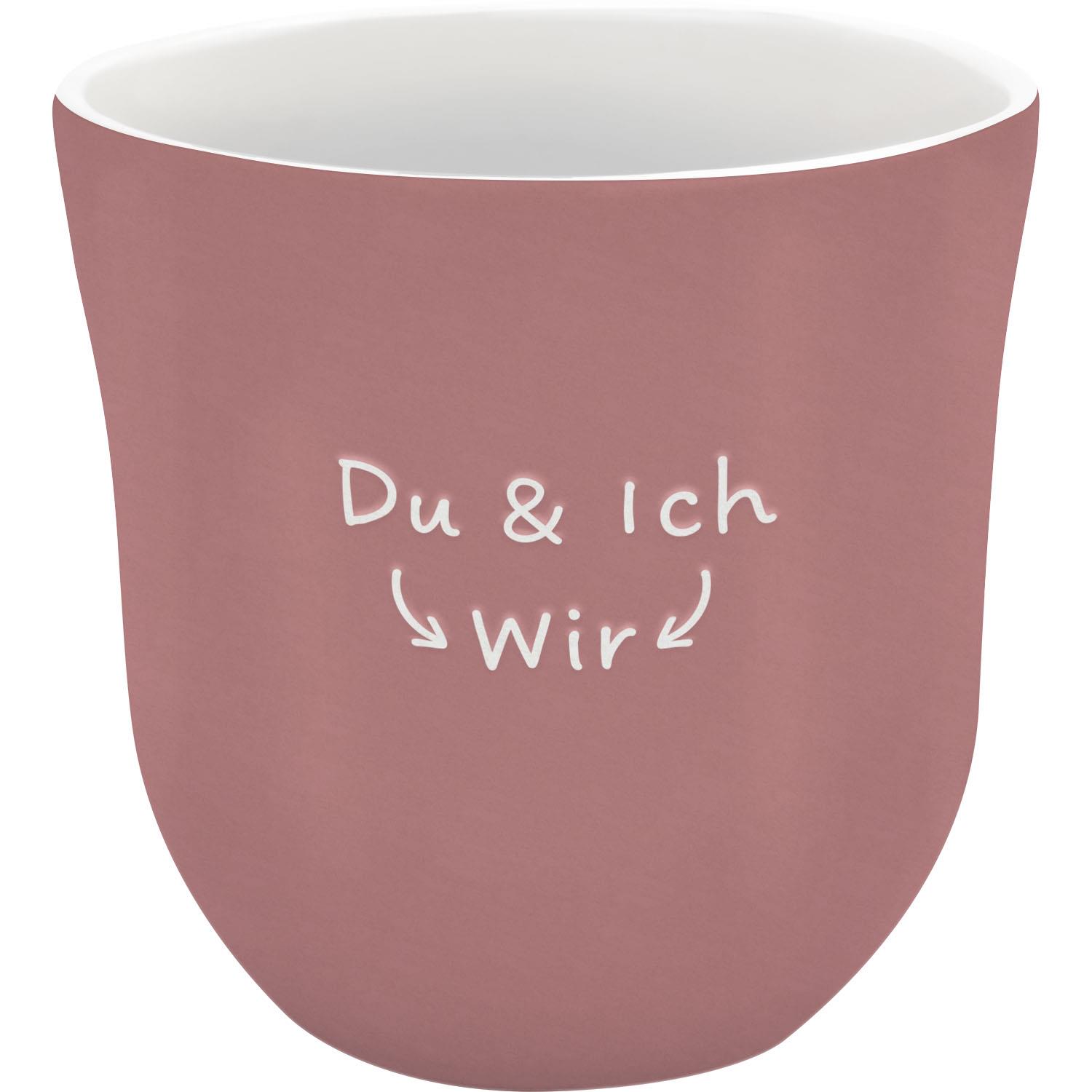Rosa Becher mit weißem Innenraum und Aufdruck 'Du & ich Wir' in handschriftlicher Schrift