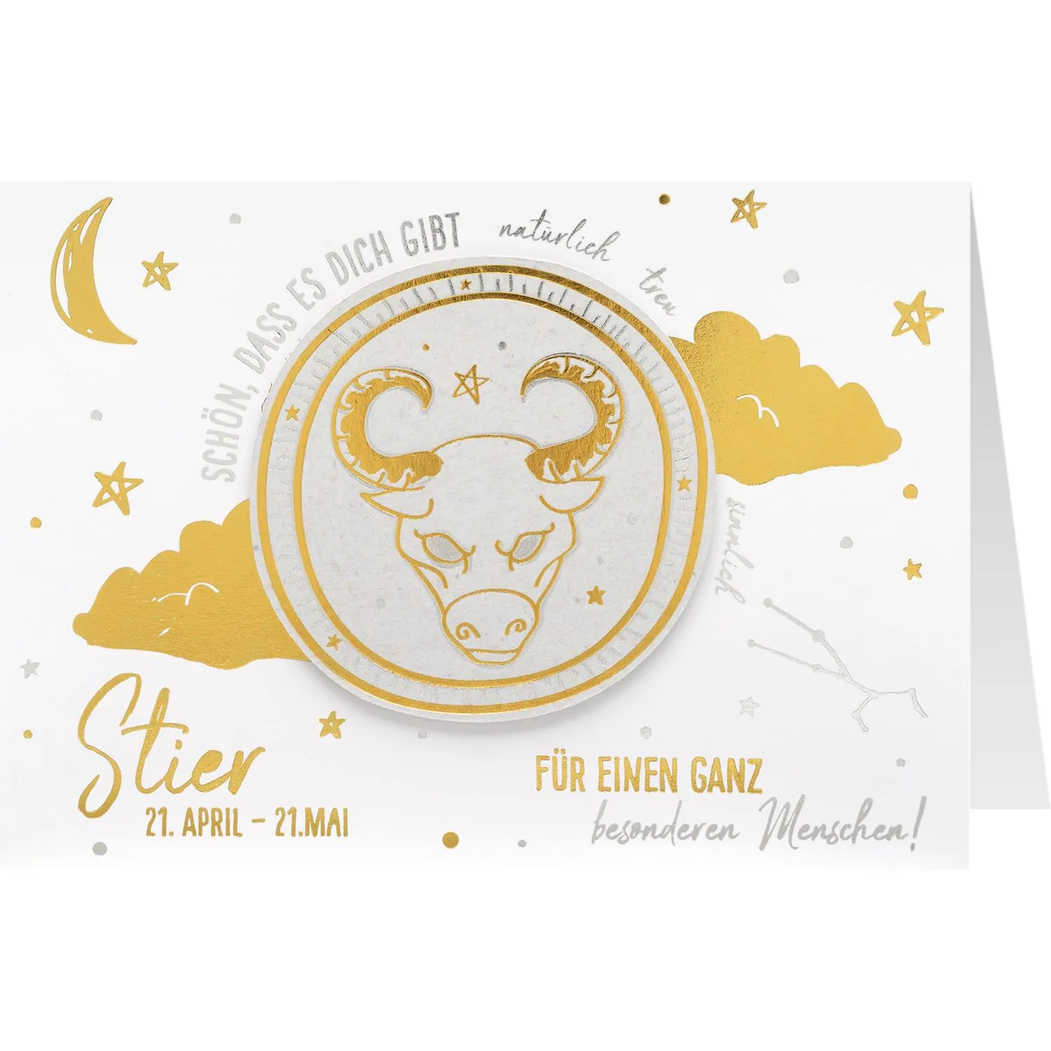 Weiße Grußkarte mit goldener Stier-Kopf-Illustration und Sternen