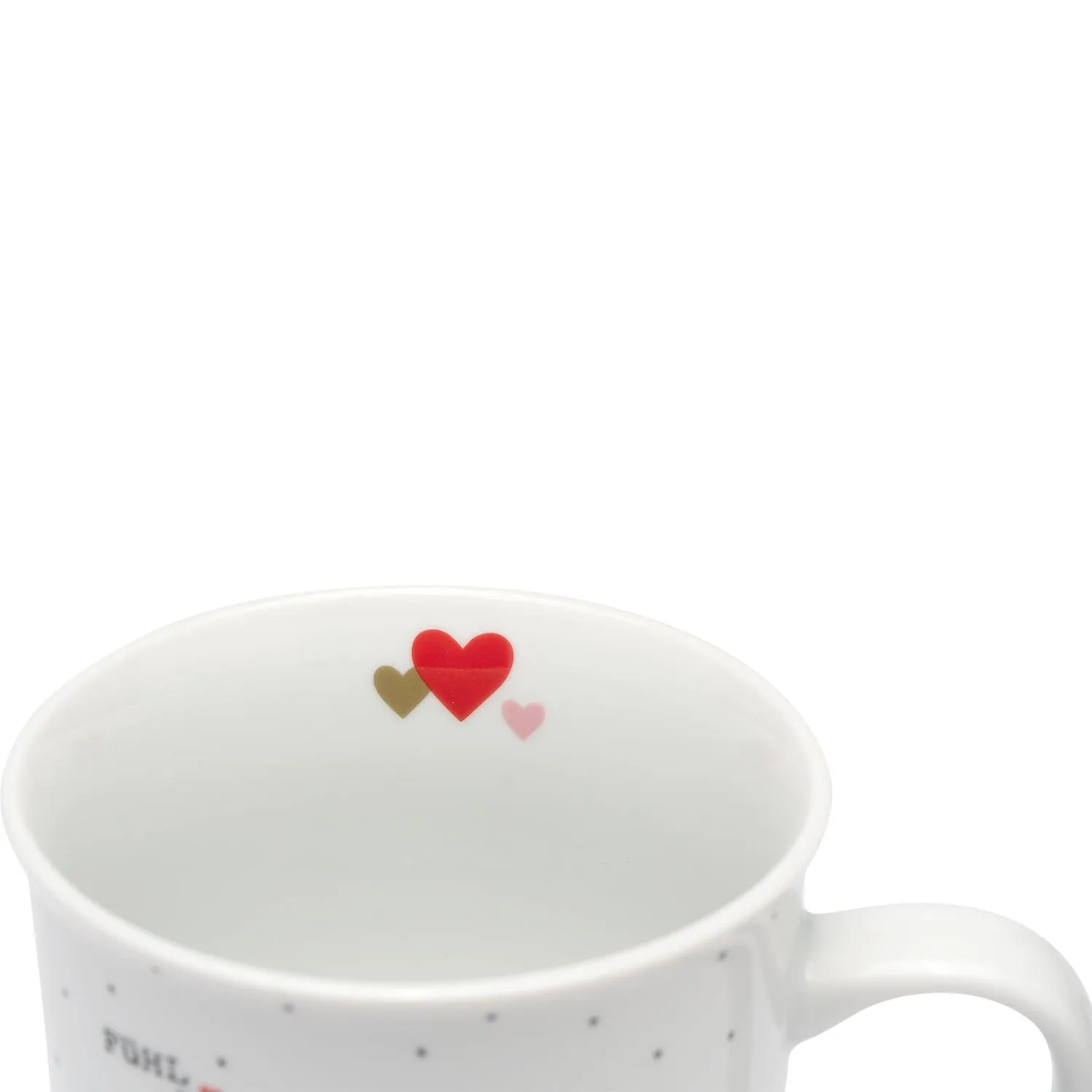 Weiße Porzellan-Tasse mit roten, goldenen und rosa Herzen im Innenbereich