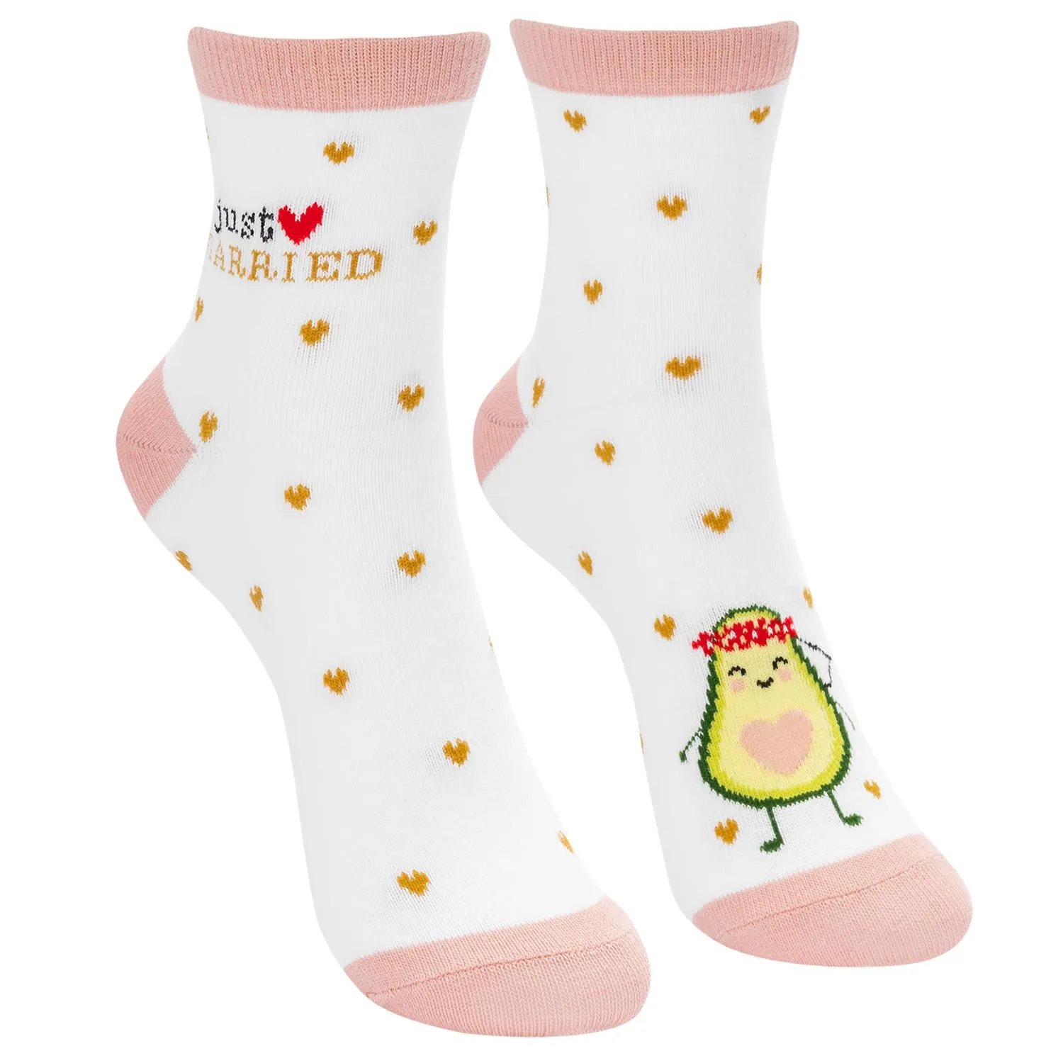 Weiße Zaubersocken mit Avocado-Motiv, rosa Bündchen, Herzchen – Just Married