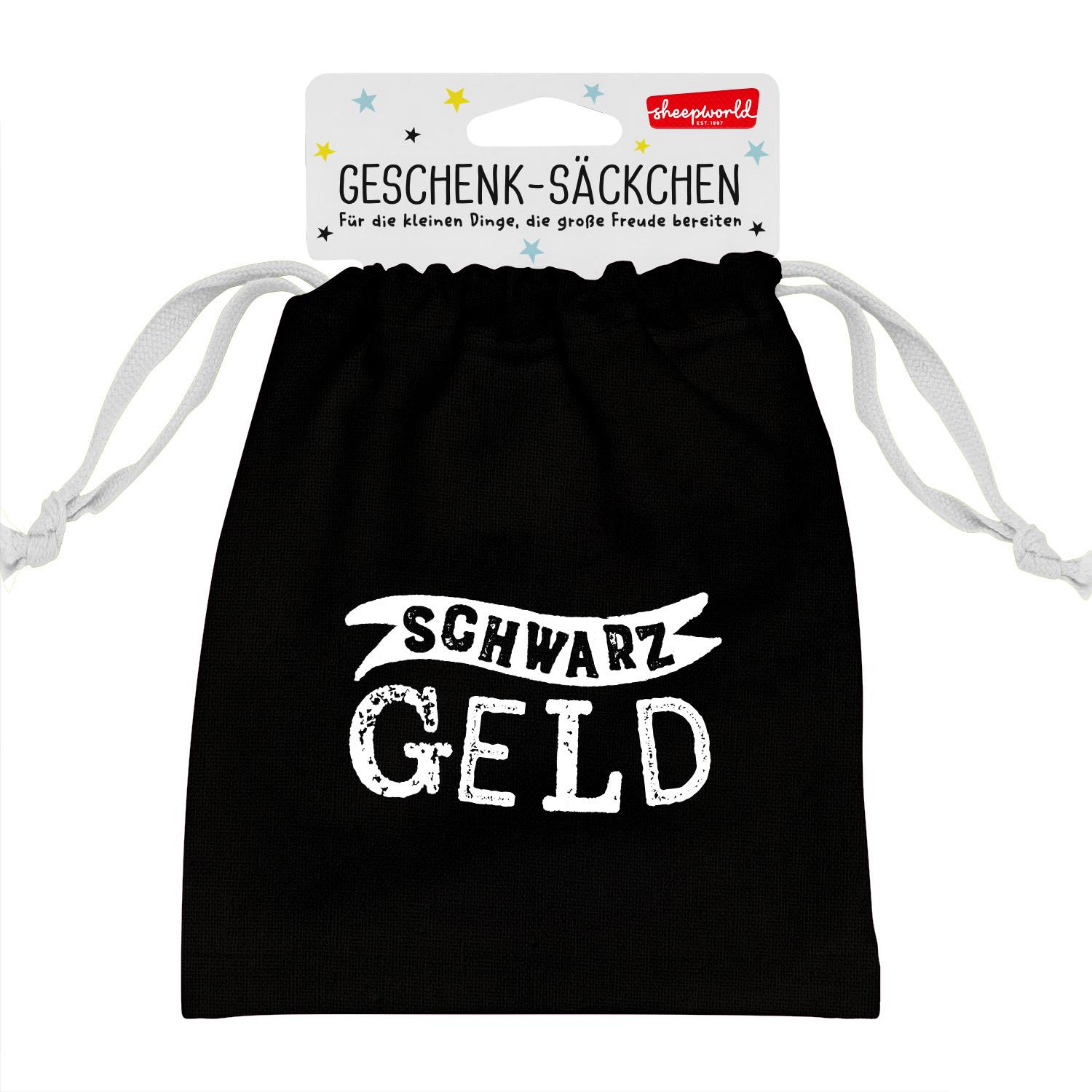 Schwarzes Geschenksäckchen aus Canvas mit weißem Schriftzug SCHWARZ GELD und Zugband