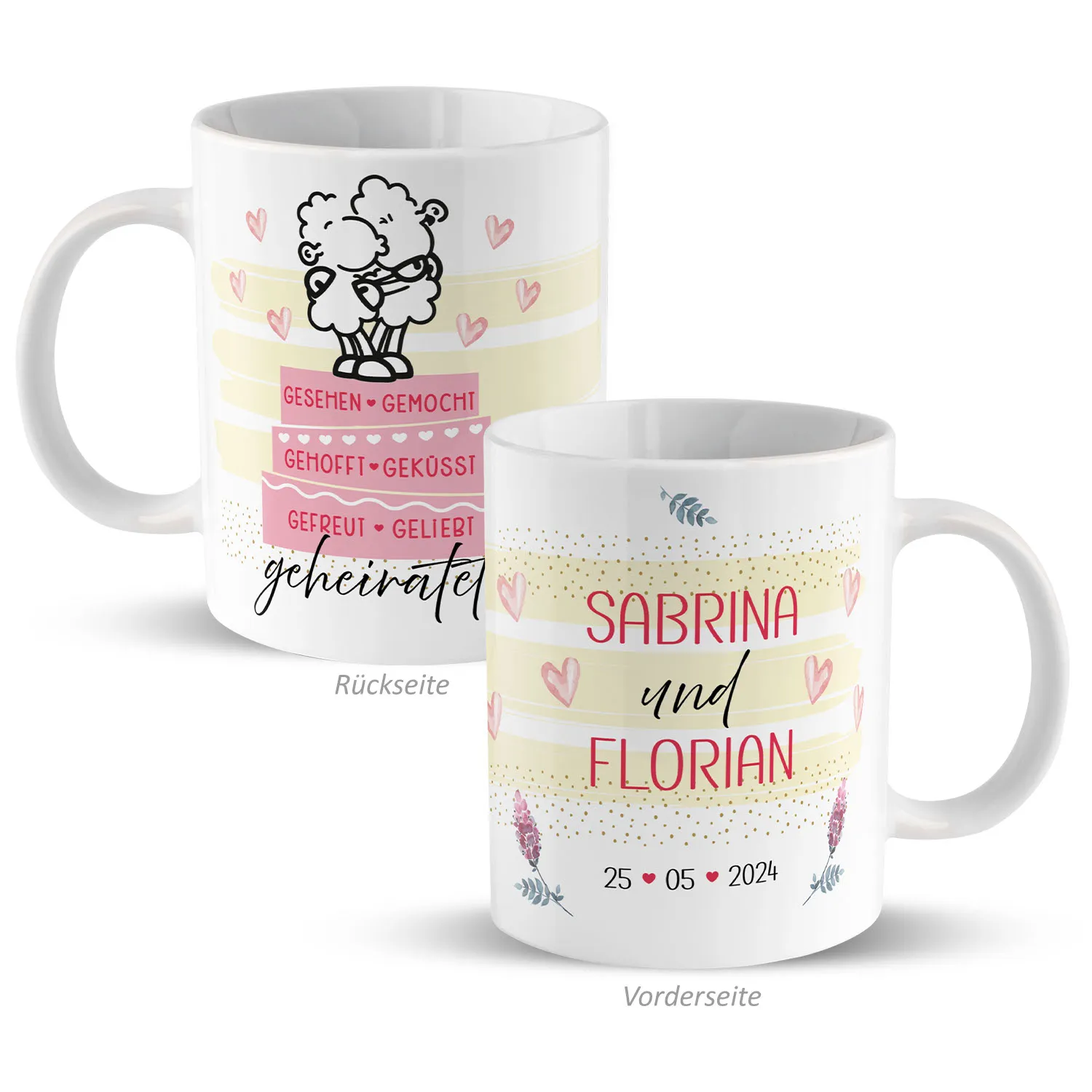 Personalisierte Porzellan-Tasse mit Sabrina und Florian sowie Datum 25.05.2024, Pastellstreifen und Herzen