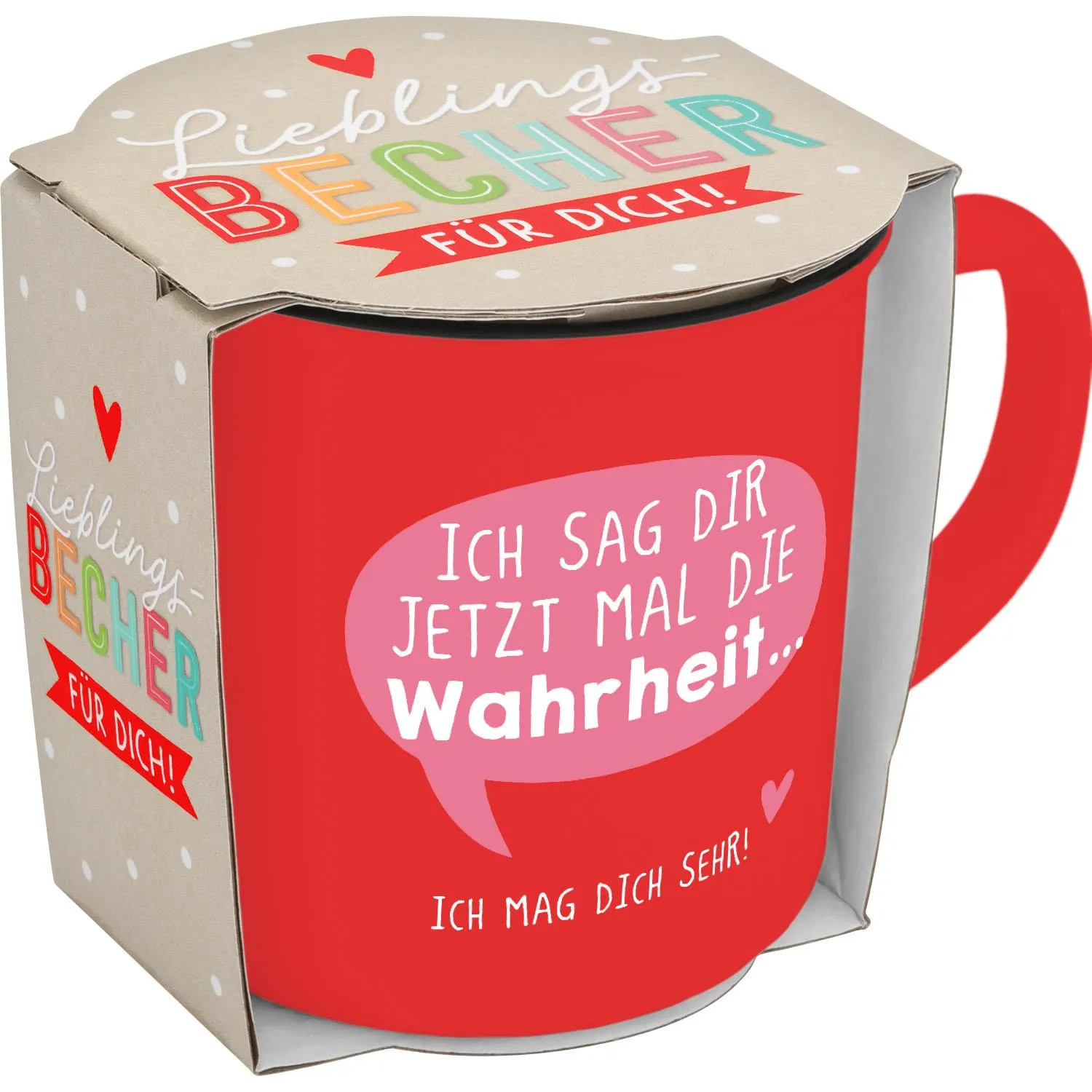 Rote Keramiktasse mit rosa Sprechblase und dem Spruch Ich mag dich sehr!