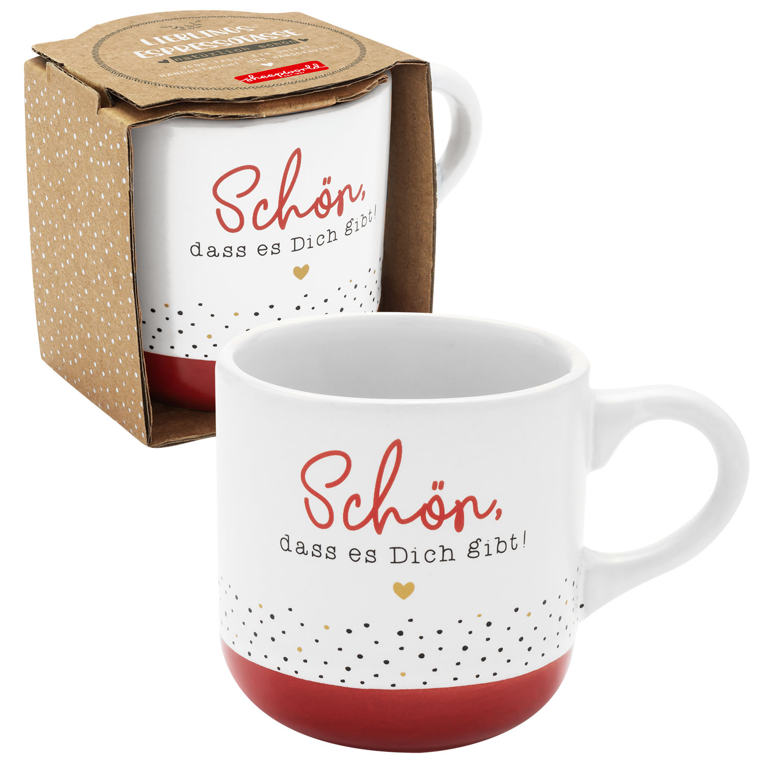 Espressotasse 'Schön, dass es Dich gibt!' mit rotem Boden und Goldakzenten