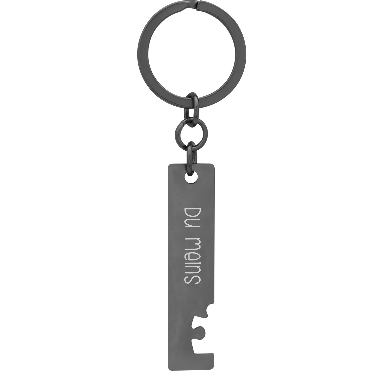 Dunkler Edelstahl-Schlüsselanhänger mit 'Du meins' Schriftzug und Puzzleausschnitt