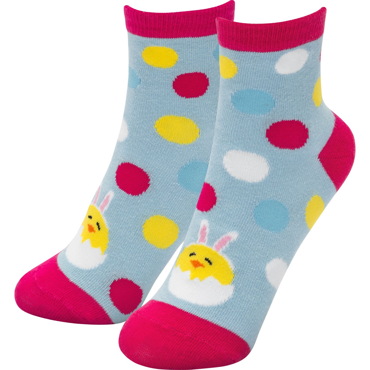 Hellblaue Zaubersocken mit Kükenmotiv, Punkten und pinken Akzenten – Ostergeschenk.
