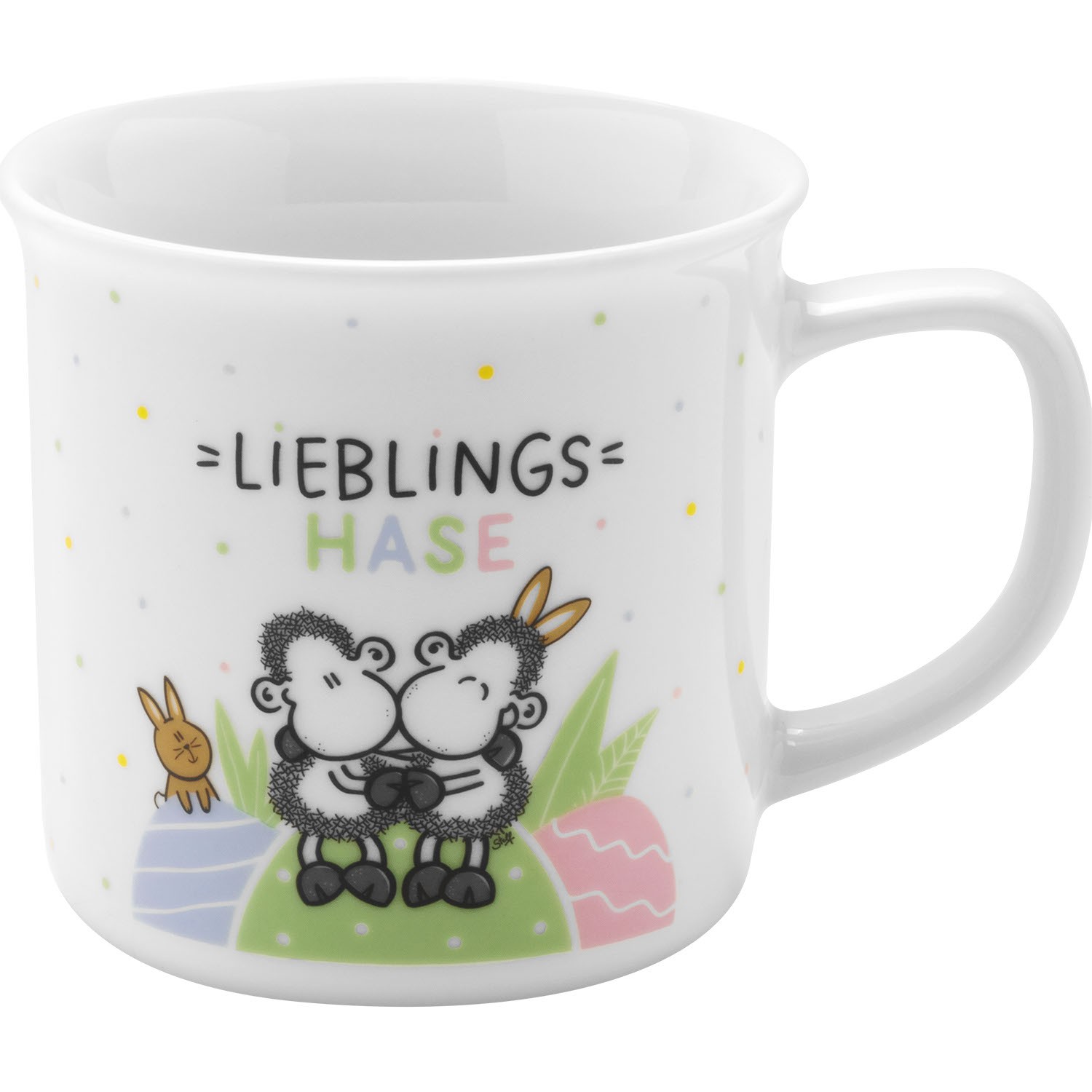 Weiße Porzellan-Tasse mit zwei Hasen, buntem Konfetti und dem Schriftzug 'Lieblingshase'.