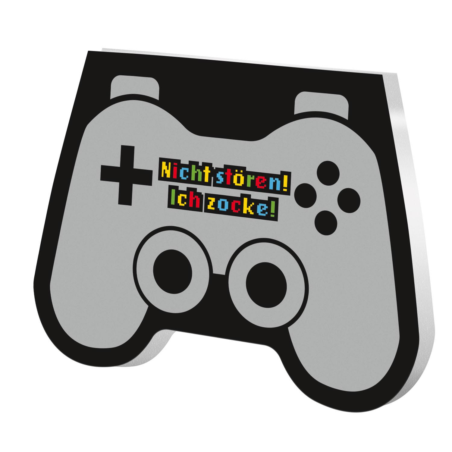 Grauer Controller‑Block mit buntem Schriftzug 'Nicht stoppen! Ich zocke!' in Controller-Form.