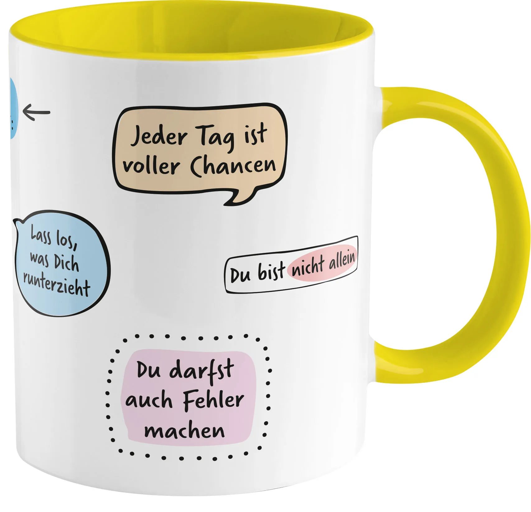 Weiße Porzellan-Tasse mit gelber Innenseite und Pastell-Sprechblasen.