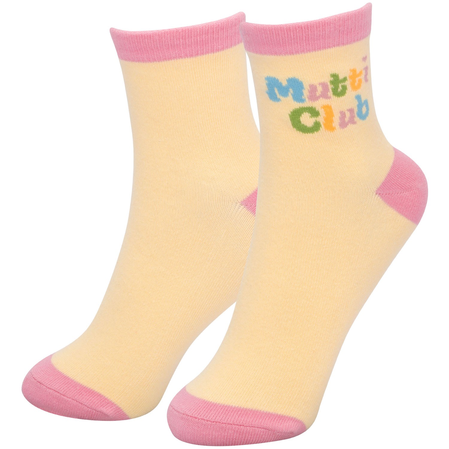 Beige-gelbe Zaubersocken mit pinken Akzenten und Mutti Club-Schriftzug