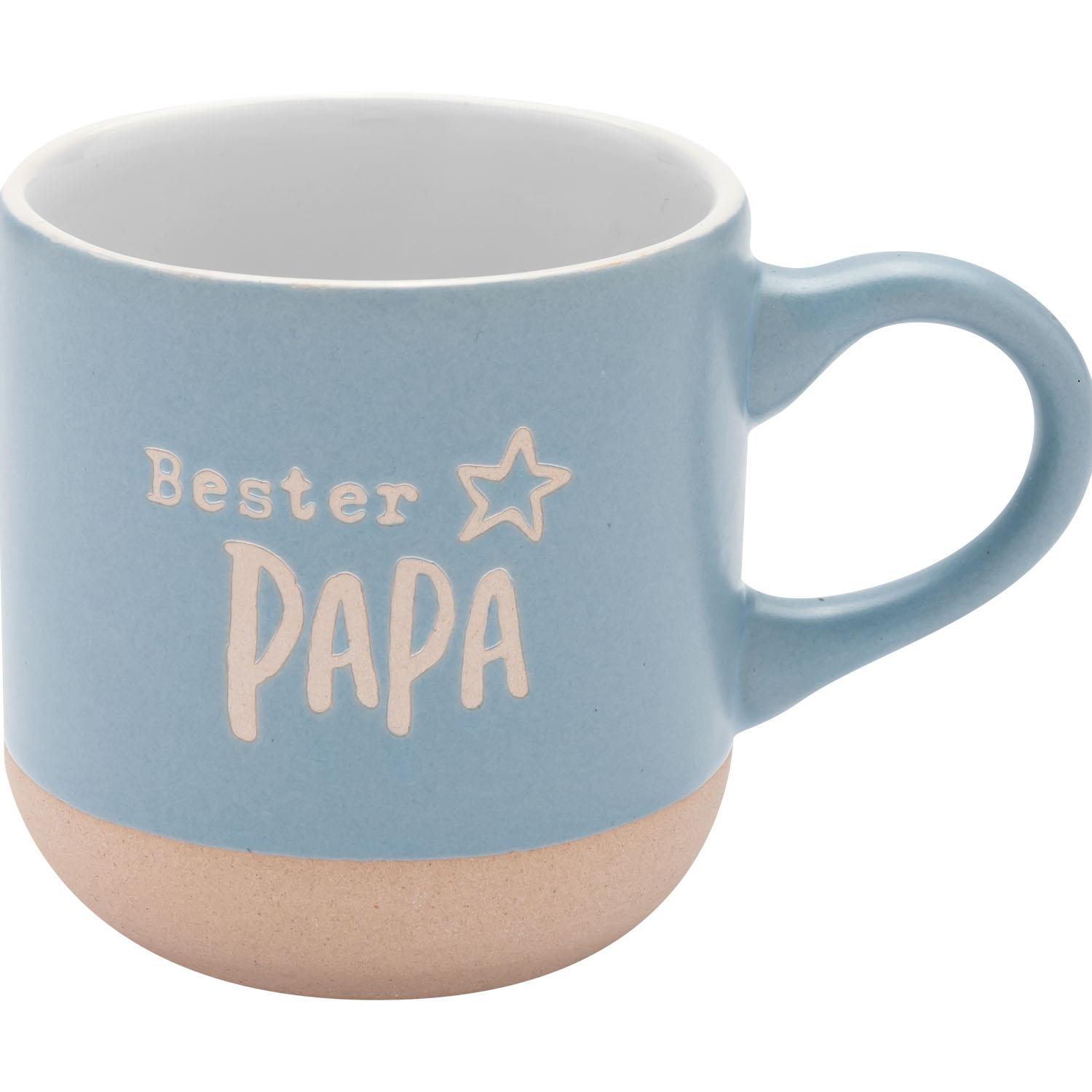Hellblaue Espressotasse mit sandfarbener Bodenplatte und Schriftzug 'Bester Papa'