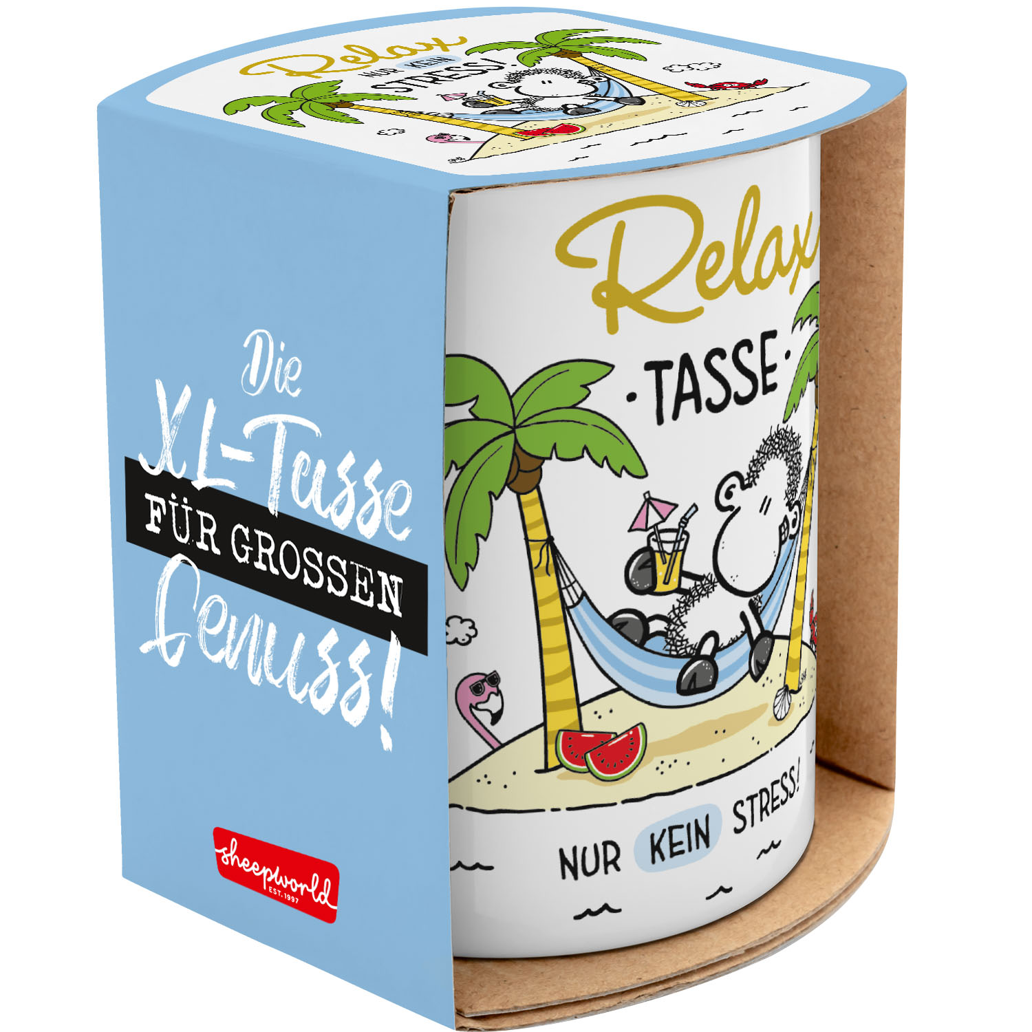 XL-Tasse aus Porzellan mit Strandmotiv, Palmen und Relax-Schriftzug