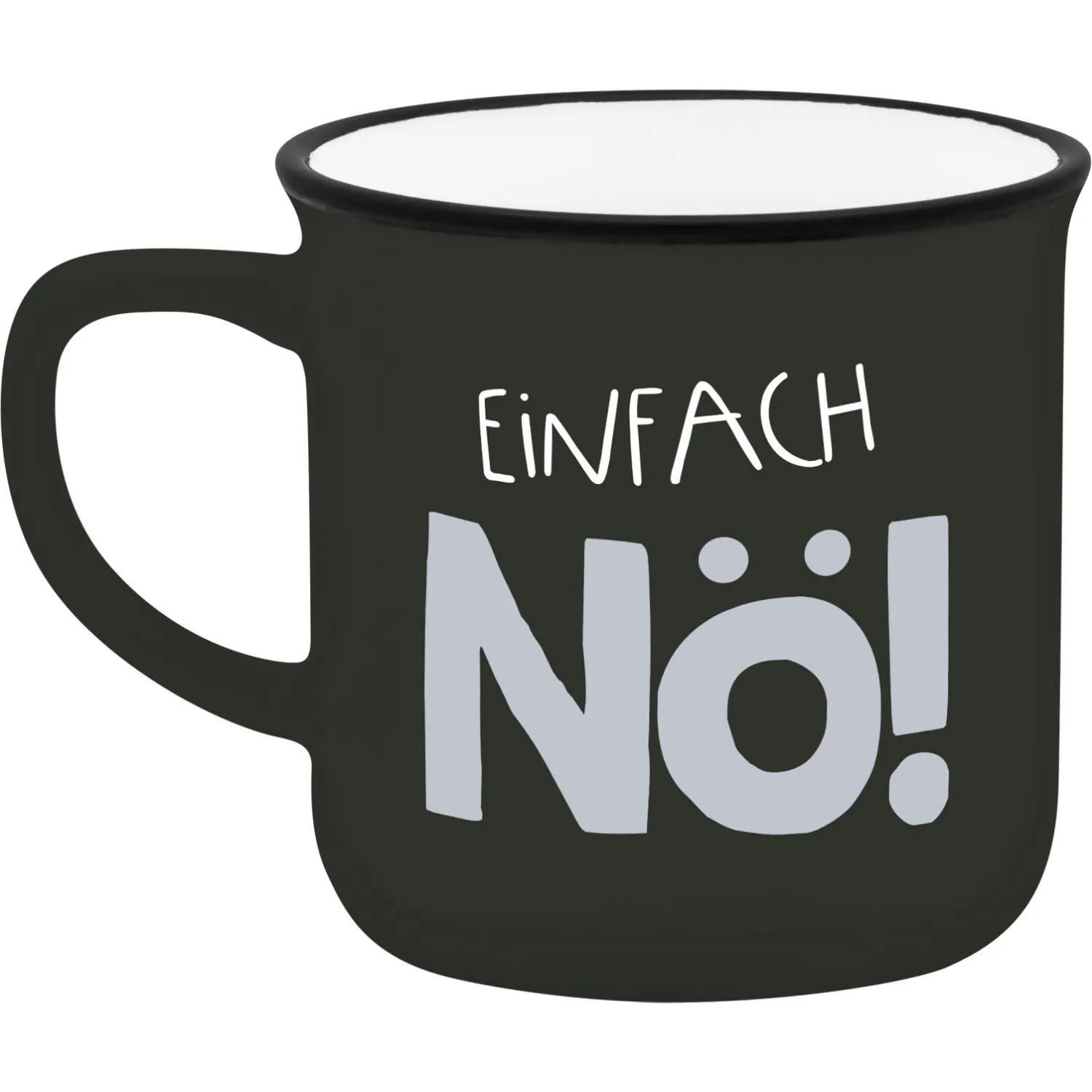 Schwarzer Espressobecher mit weißem Innenraum und dem Schriftzug 'Einfach No!'.