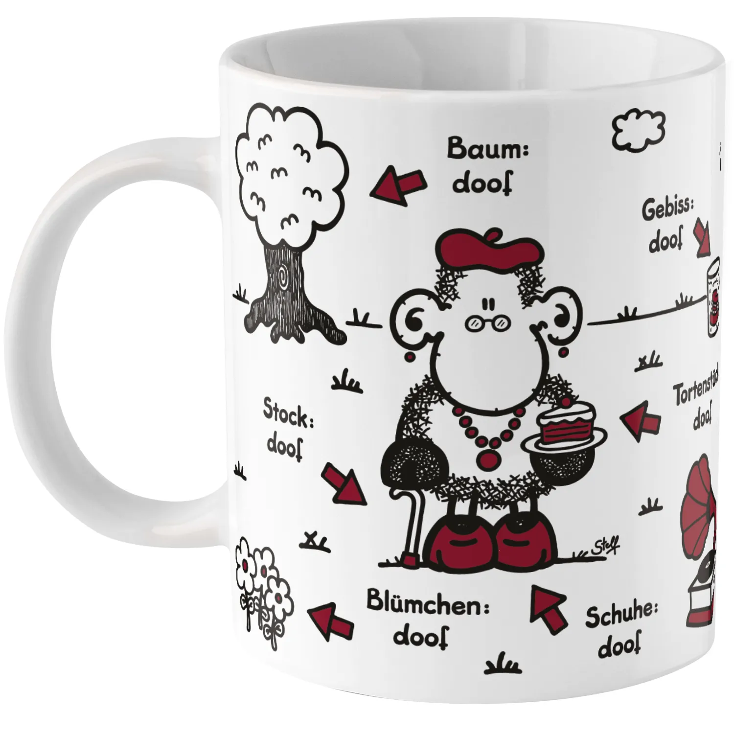 Weiße Keramiktasse mit cartoon Schäfchen-Motiv, Schwarz-Weiß-Linien und roten Akzenten.