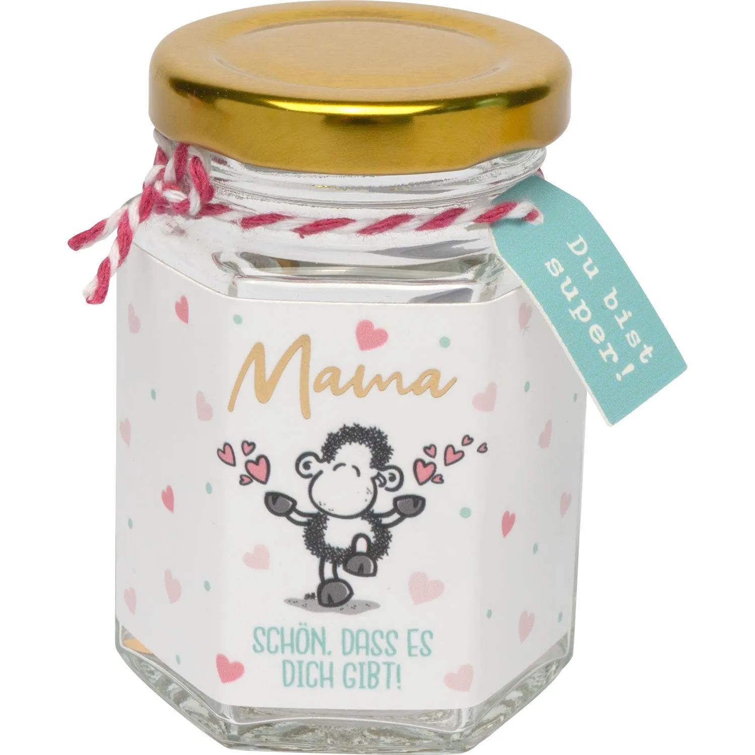 Kleines Glas mit goldener Deckel, Mama-Motiv und Herzchen, Botschaft im Glas