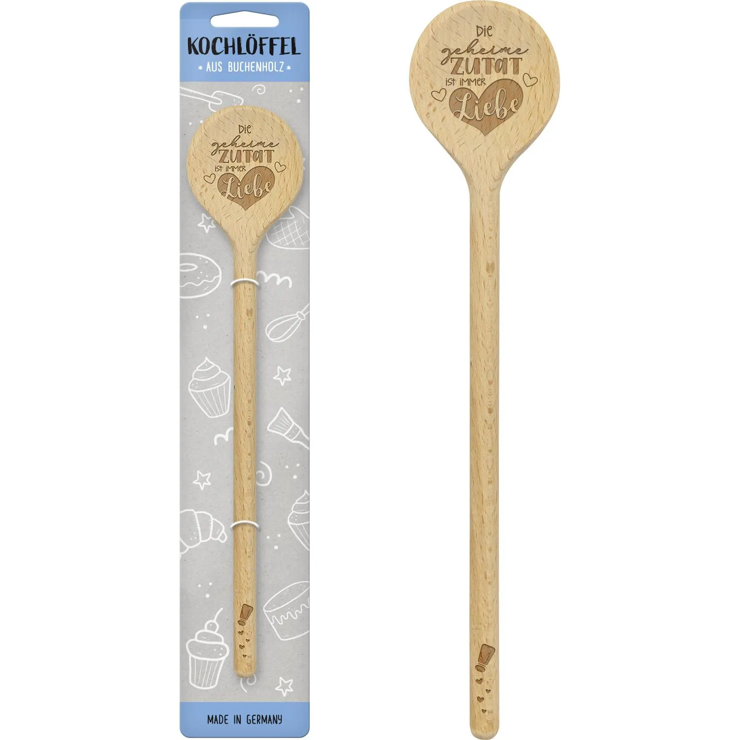Kochlöffel aus Buche mit eingebranntem Herz-Motiv und Schriftzug 'Die geheime Zutat ist immer Liebe'.